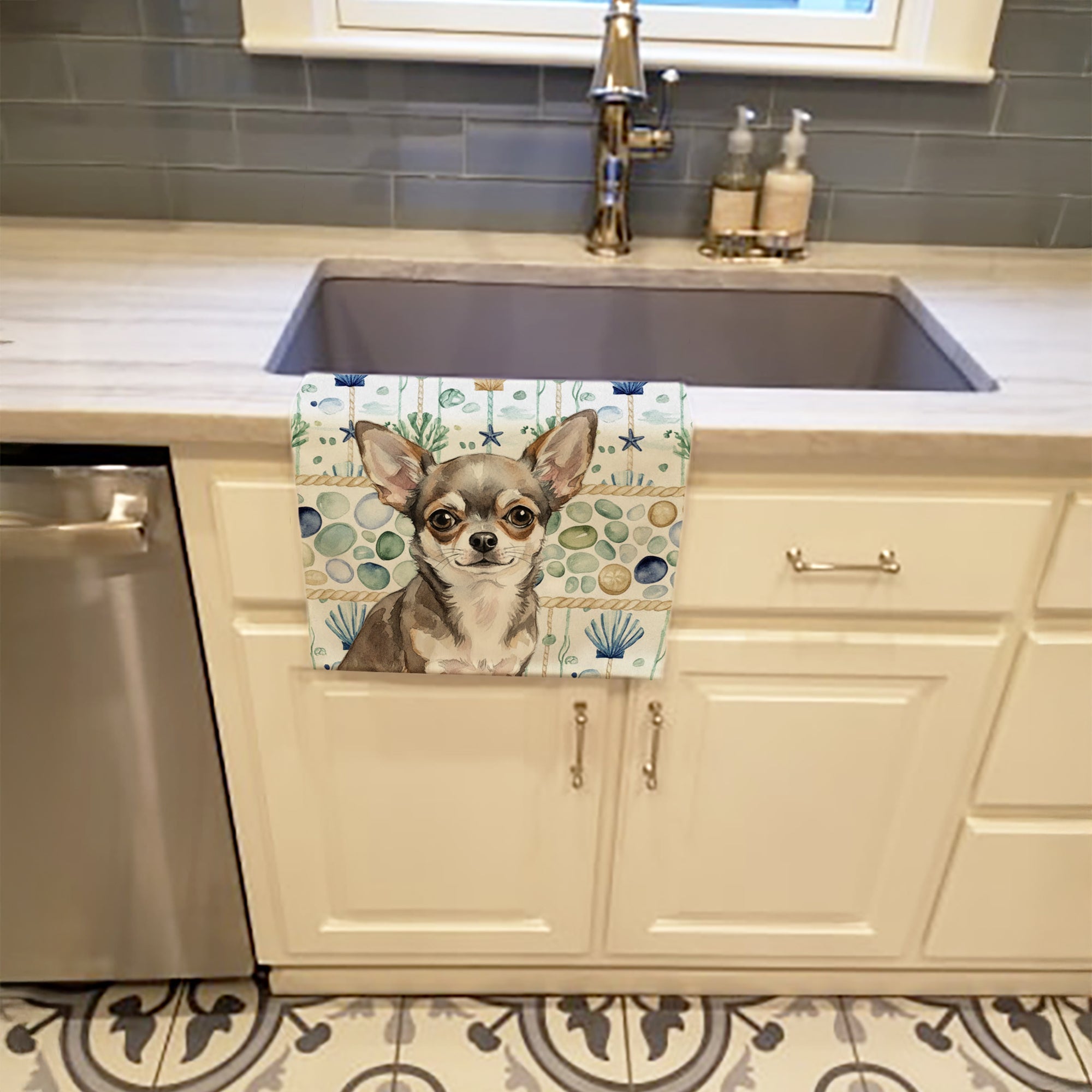 Chihuahua Coastal Sea Glass Kitchen Towel Velour Plush Front and Cotton Loop Back Machine Washable