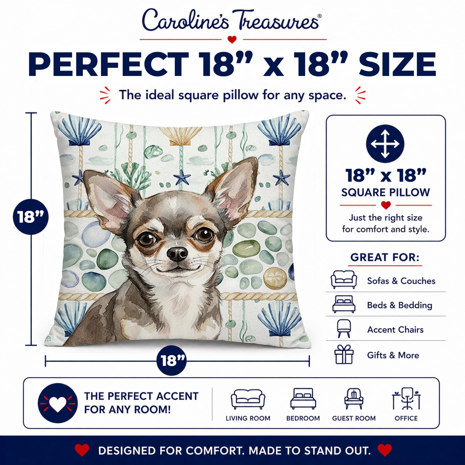 Chihuahua Coastal Sea Glass Decorative Throw Pillow 18x18 Indoor Outdoor Accent Cushion, Fabric Cover with Insert for Sofa, Bed, Porch & Living Room