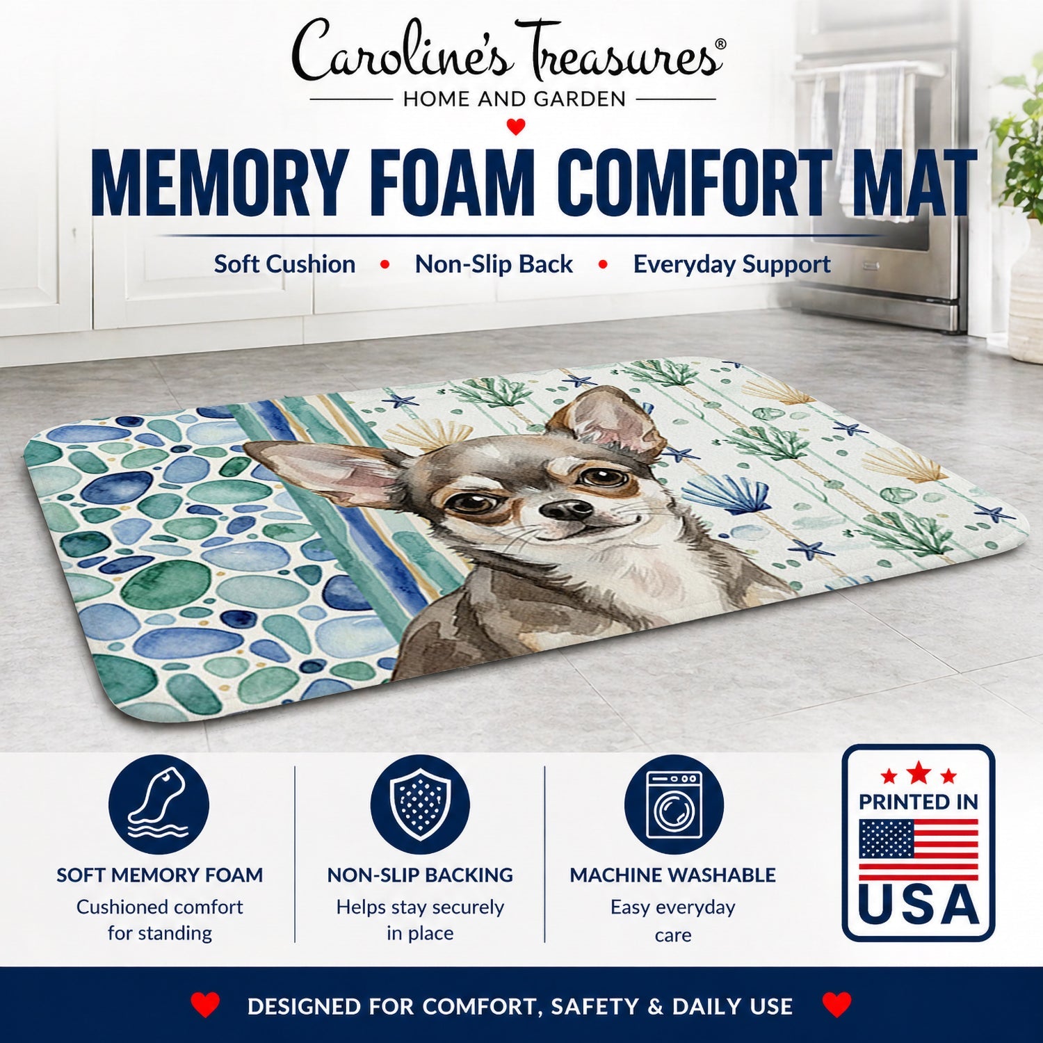 Chihuahua Coastal Sea Glass Memory Foam Kitchen Mat Machine Washable Anti-Fatigue Cushion Comfort Bath or Kitchen Rug