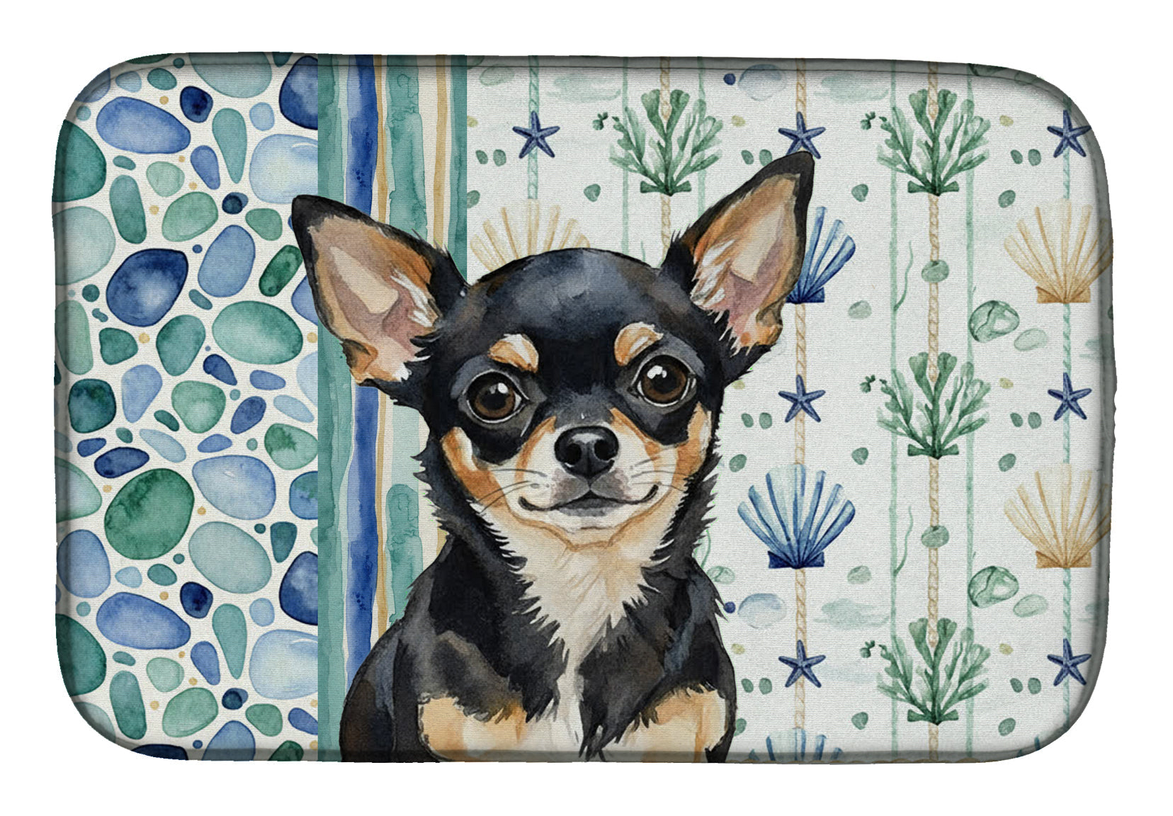 Black and Tan Chihuahua Coastal Sea Glass Dish Drying Mat Absorbent Dish Drying Mat Pad for Kitchen Counter Dish Drainer Mat for Countertop, 14 x 21", Multicolor