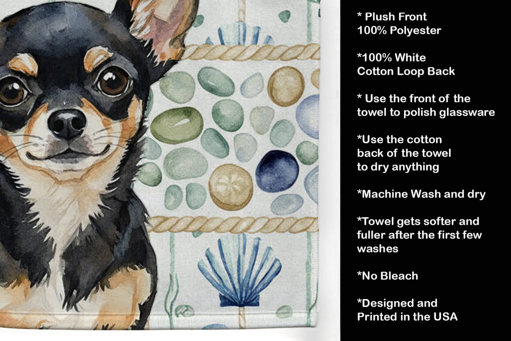 Black and Tan Chihuahua Coastal Sea Glass Kitchen Towel Velour Plush Front and Cotton Loop Back Machine Washable