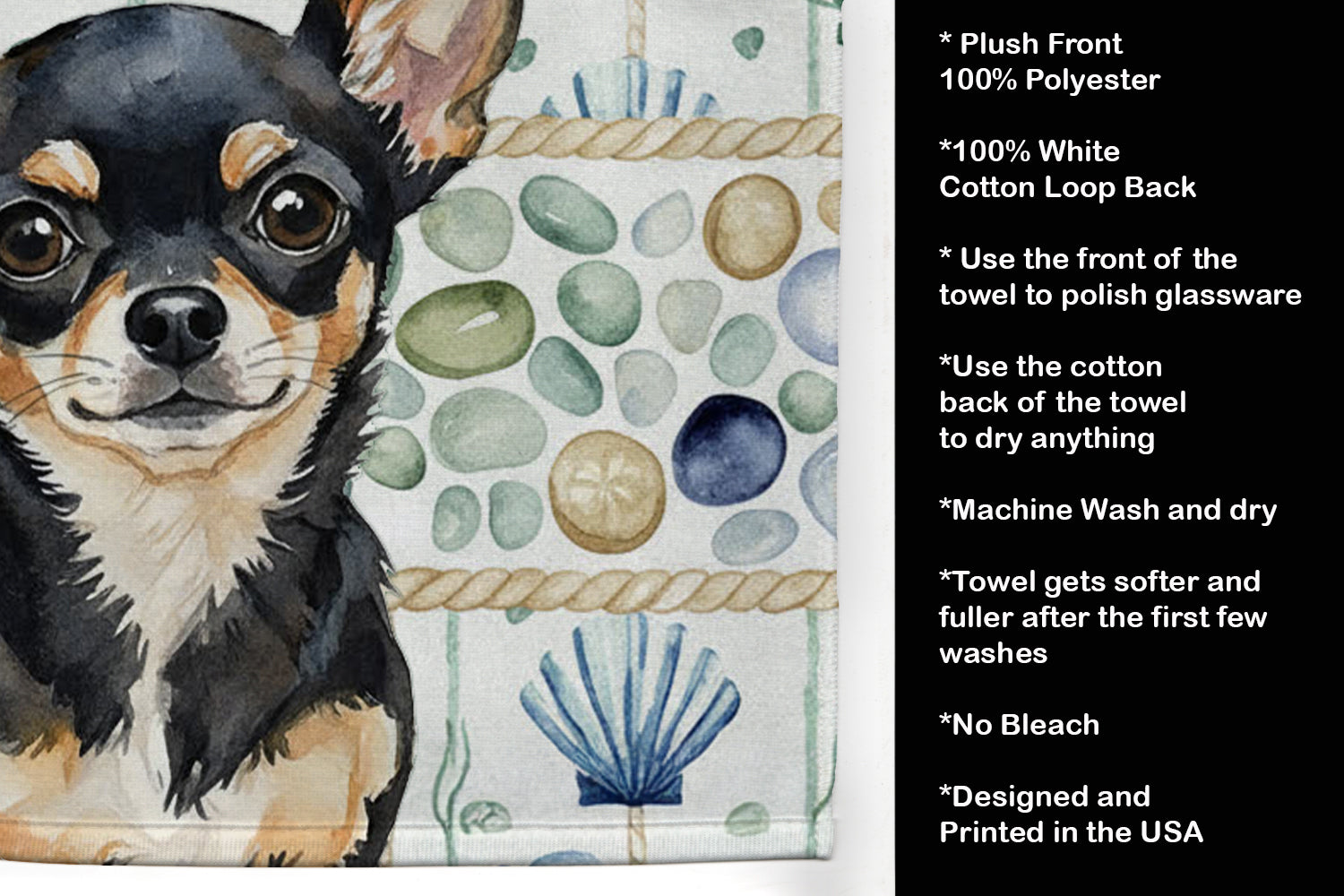 Black and Tan Chihuahua Coastal Sea Glass Kitchen Towel Velour Plush Front and Cotton Loop Back Machine Washable