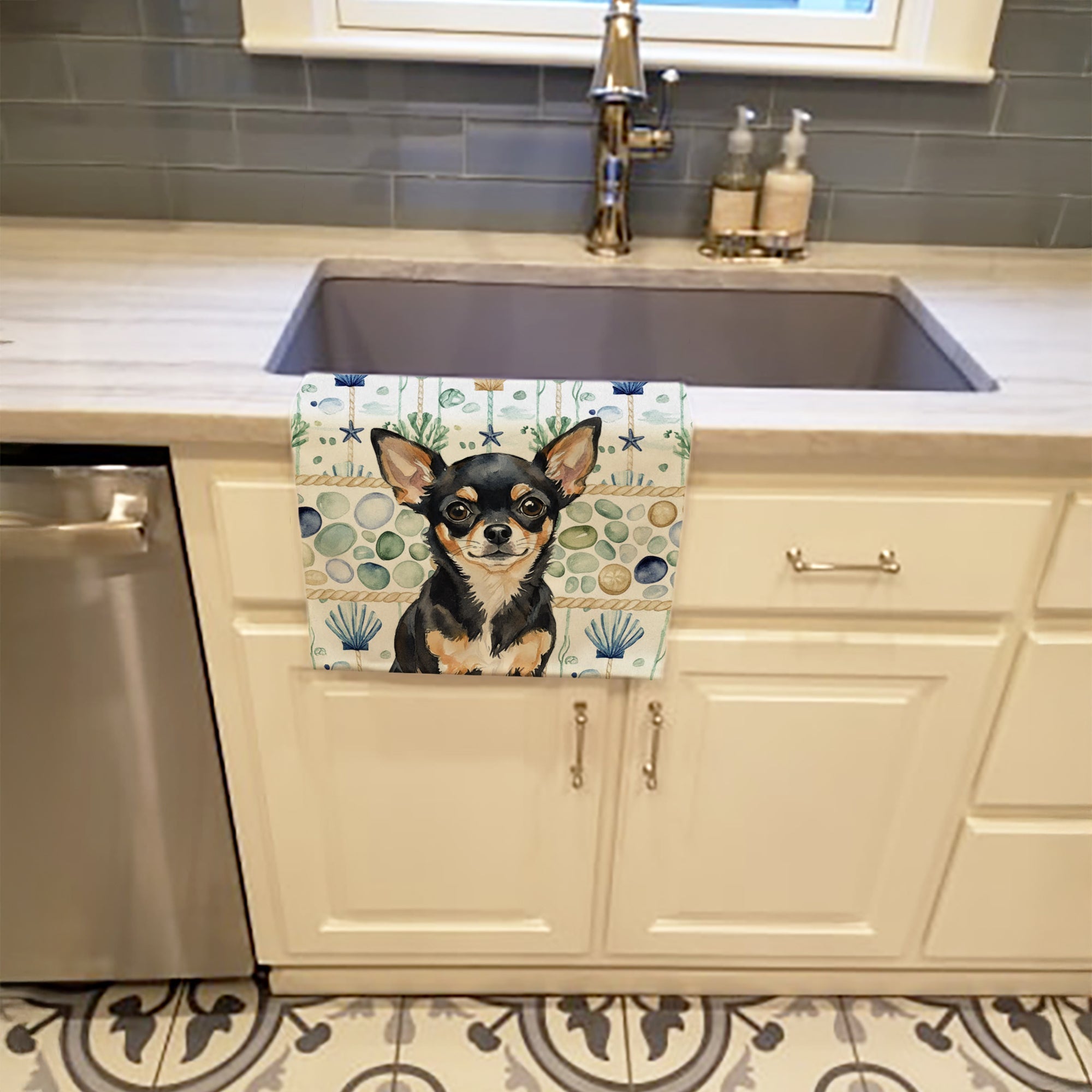 Black and Tan Chihuahua Coastal Sea Glass Kitchen Towel Velour Plush Front and Cotton Loop Back Machine Washable