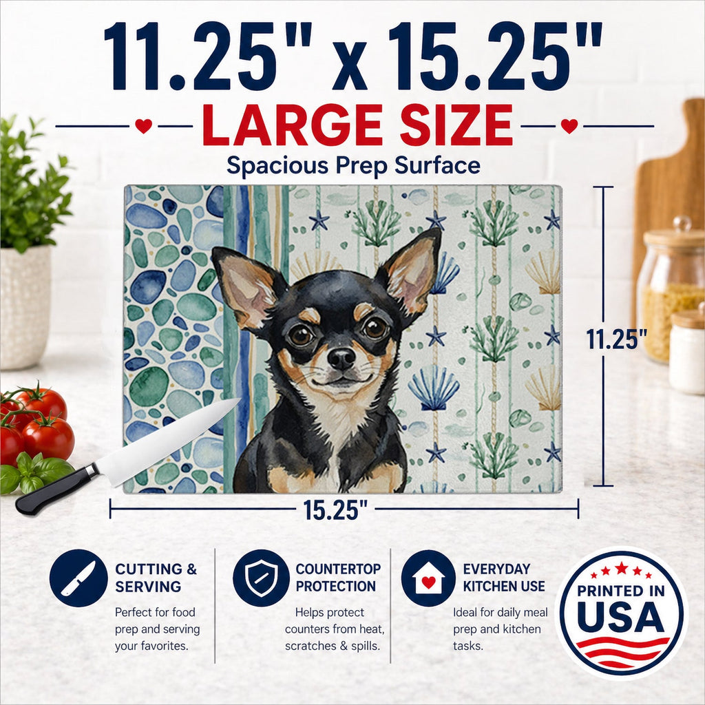 Black and Tan Chihuahua Coastal Sea Glass Cutting Board Tempered Glass Kitchen Cutting Surface, Heat Resistant Chopping, Non-Slip Feet, Food Prep & Serving