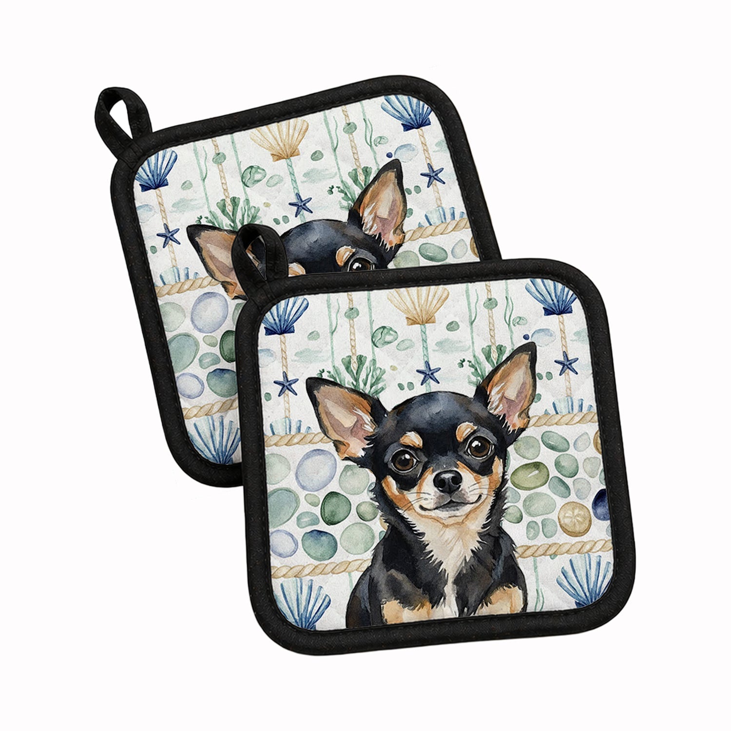 Black and Tan Chihuahua Coastal Sea Glass Pot Holder Set of 2 Heat Resistant Quilted Hot Pads 7.5 x 7.5 Inch, Insulated Kitchen Trivets for Cooking & Baking