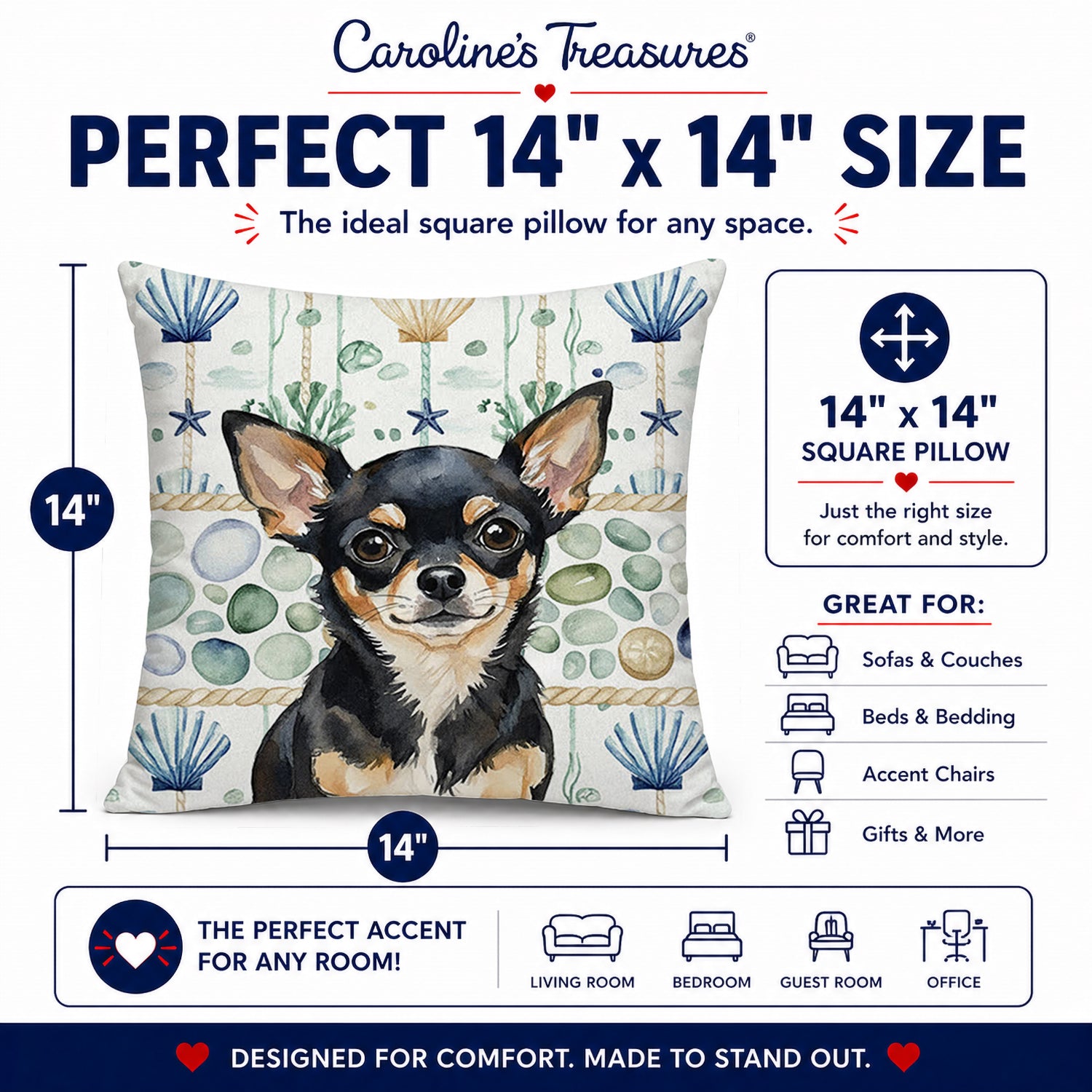 Black and Tan Chihuahua Coastal Sea Glass Decorative Throw Pillow 14x14 Indoor Outdoor Accent Cushion, Fabric Cover with Insert for Sofa, Bed, Porch & Living Room