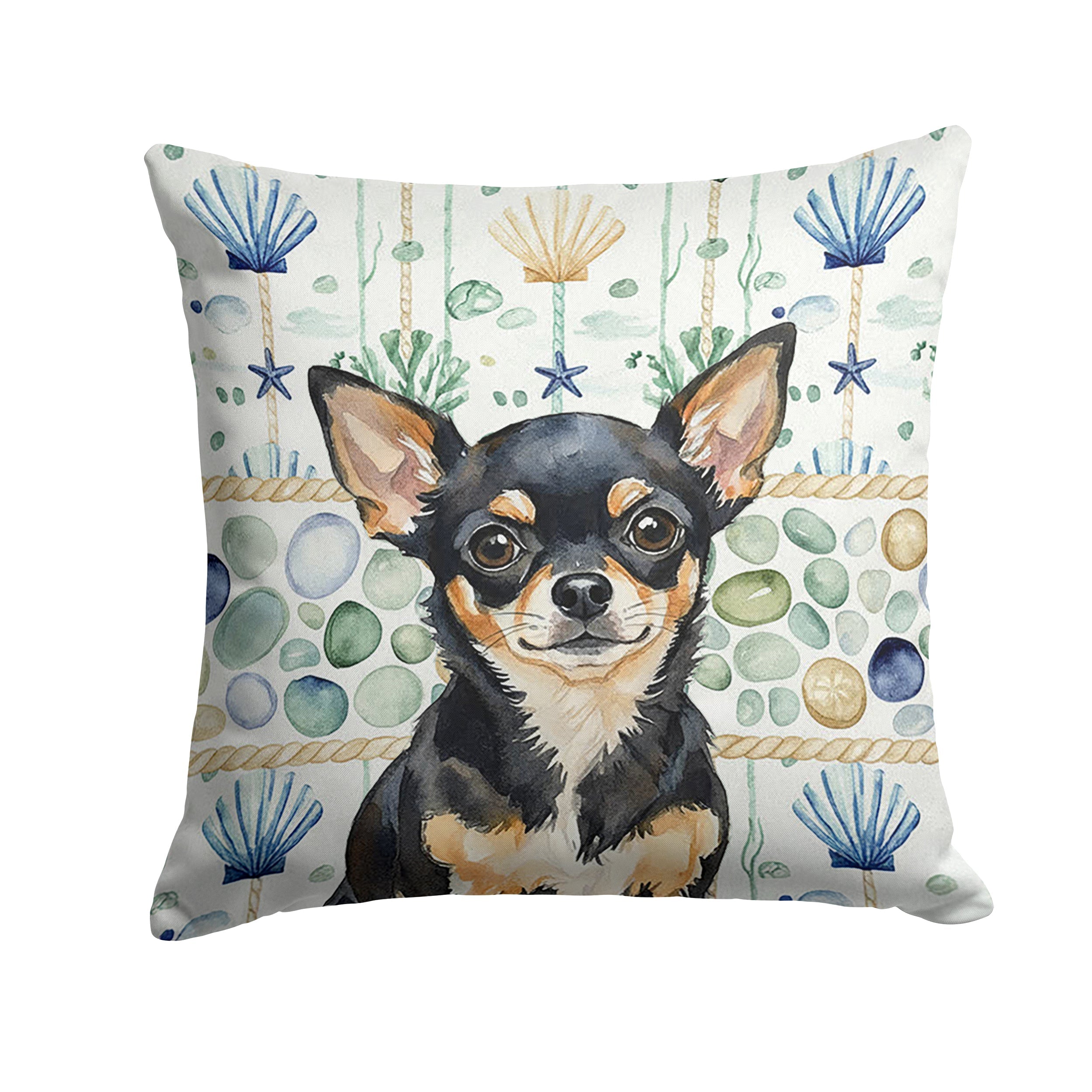 Black and Tan Chihuahua Coastal Sea Glass Decorative Throw Pillow 14x14 Indoor Outdoor Accent Cushion, Fabric Cover with Insert for Sofa, Bed, Porch & Living Room