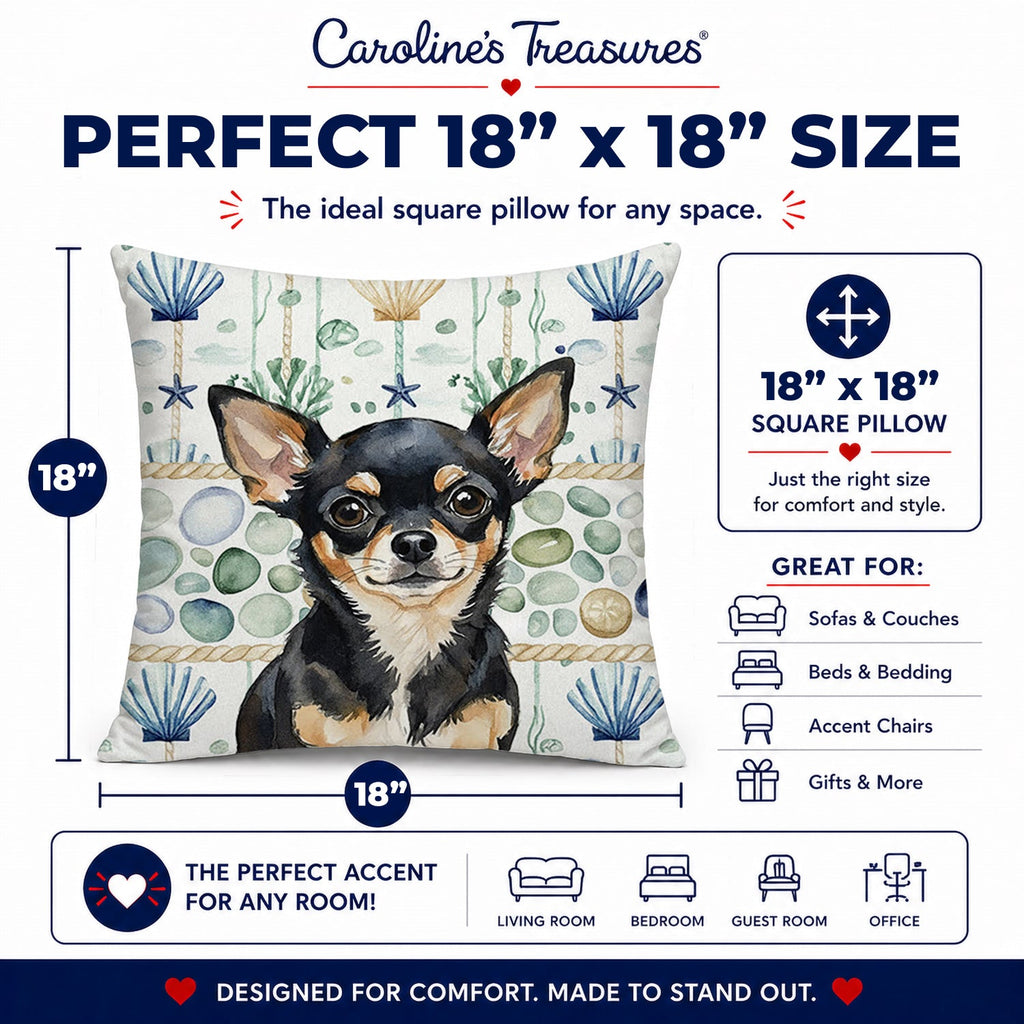 Black and Tan Chihuahua Coastal Sea Glass Decorative Throw Pillow 18x18 Indoor Outdoor Accent Cushion, Fabric Cover with Insert for Sofa, Bed, Porch & Living Room