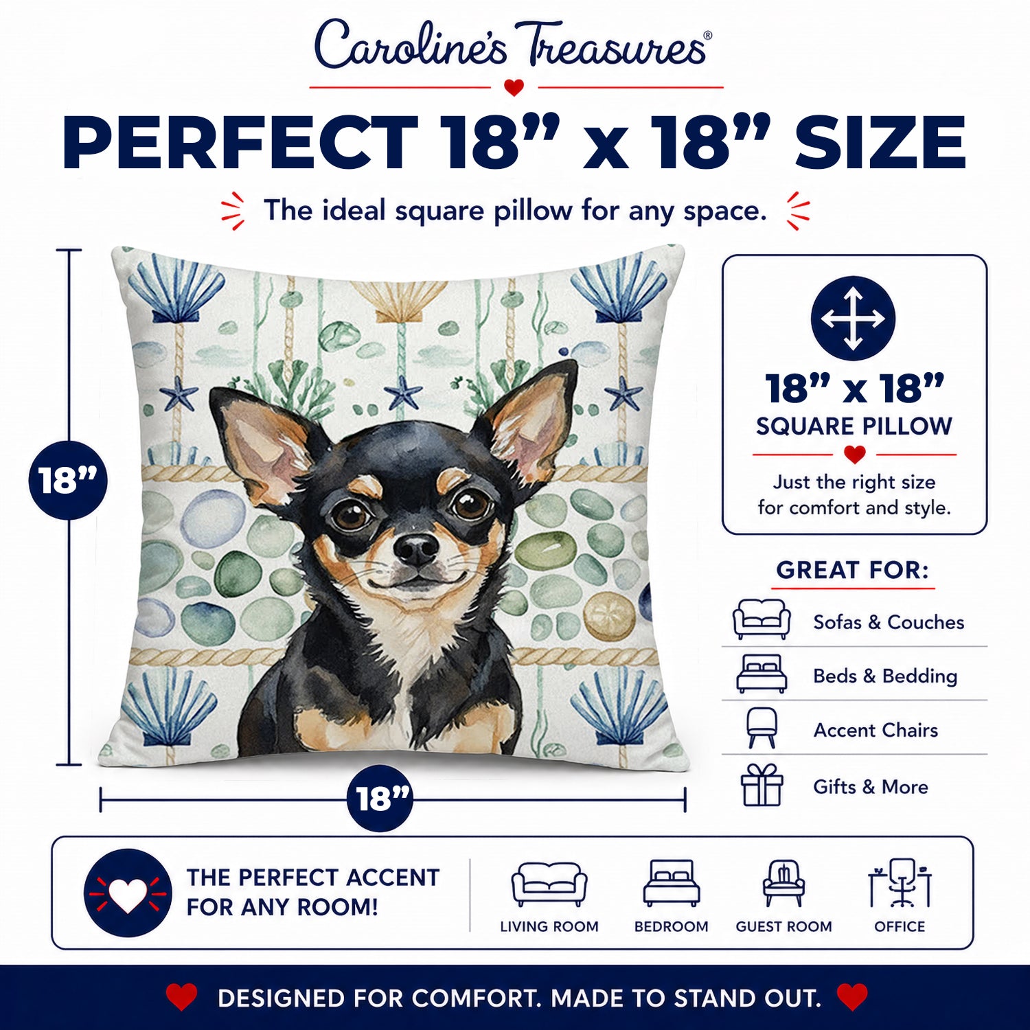Black and Tan Chihuahua Coastal Sea Glass Decorative Throw Pillow 18x18 Indoor Outdoor Accent Cushion, Fabric Cover with Insert for Sofa, Bed, Porch & Living Room