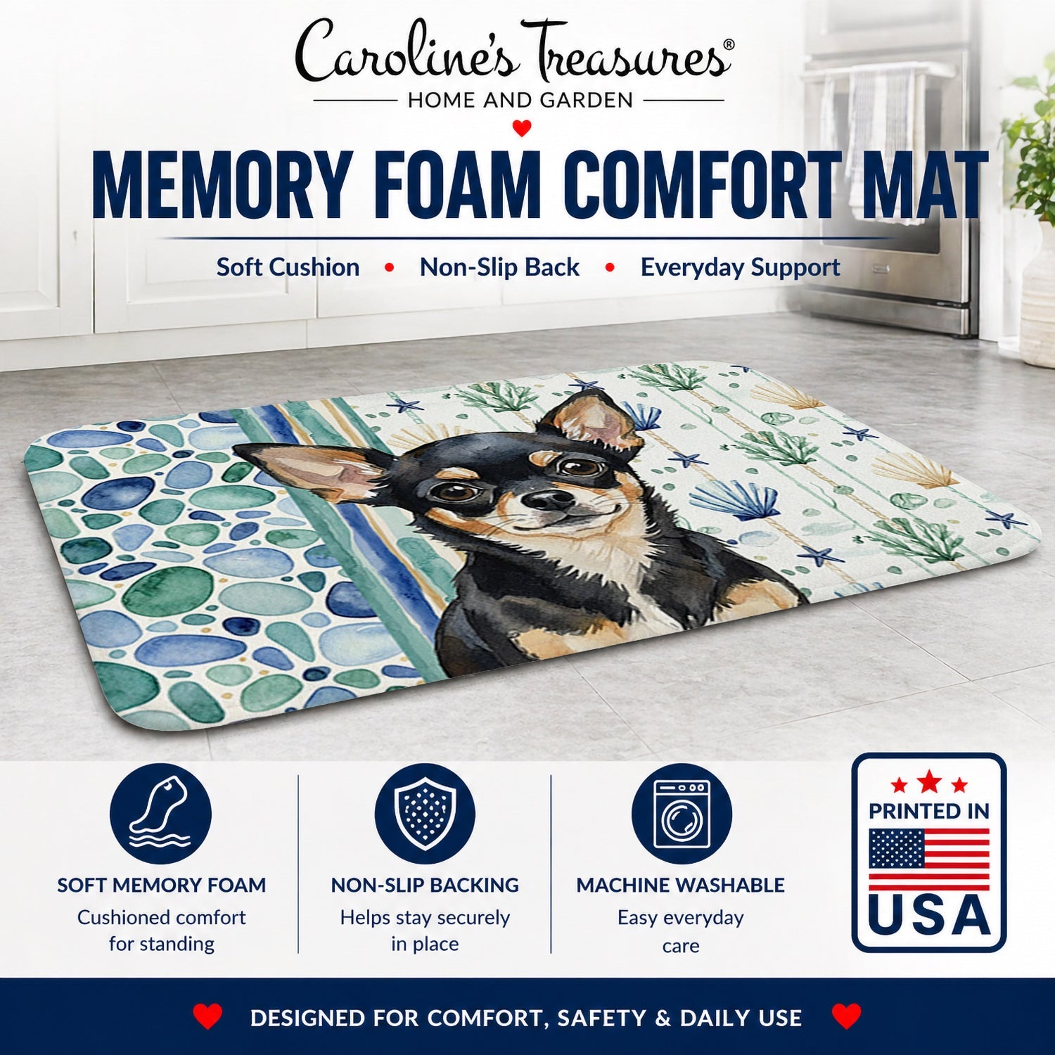 Black and Tan Chihuahua Coastal Sea Glass Memory Foam Kitchen Mat Machine Washable Anti-Fatigue Cushion Comfort Bath or Kitchen Rug
