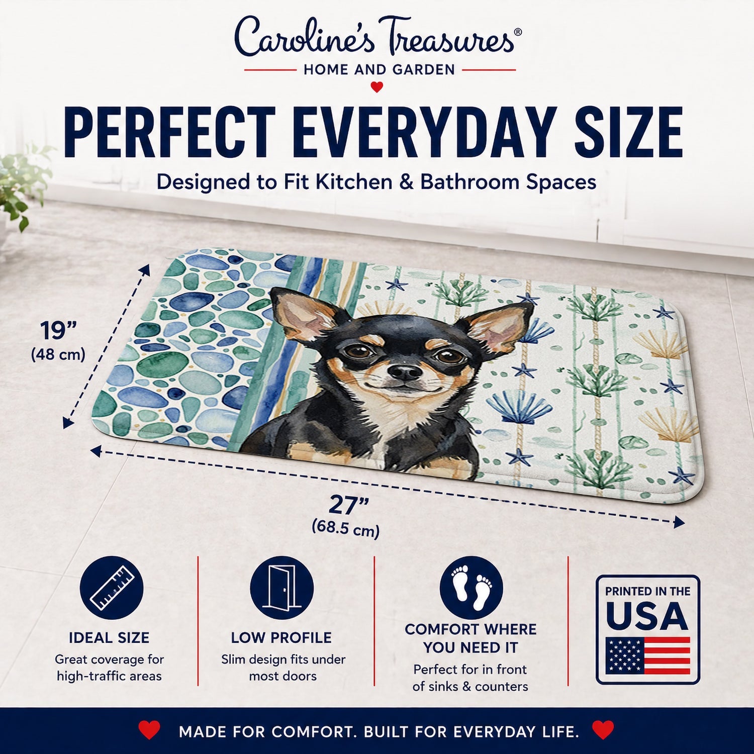 Black and Tan Chihuahua Coastal Sea Glass Memory Foam Kitchen Mat Machine Washable Anti-Fatigue Cushion Comfort Bath or Kitchen Rug