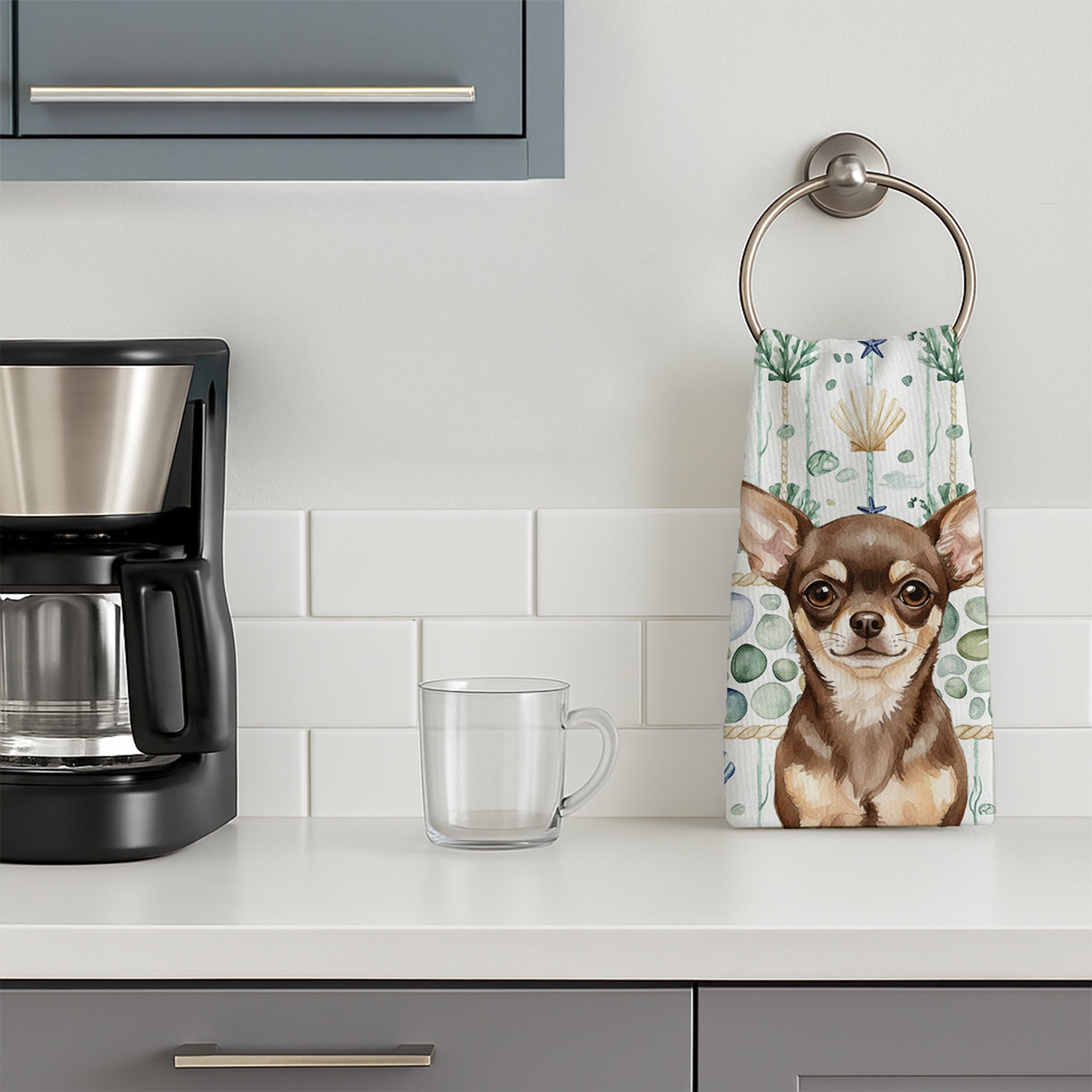 Chocolate Chihuahua Coastal Sea Glass Kitchen Towel Velour Plush Front and Cotton Loop Back Machine Washable