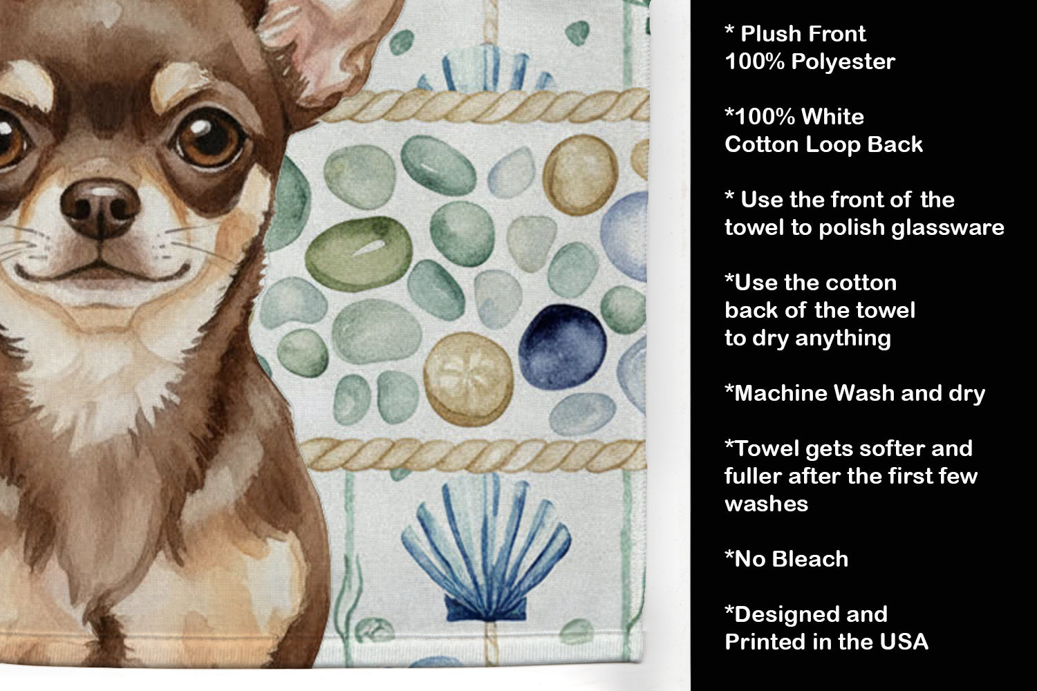 Chocolate Chihuahua Coastal Sea Glass Kitchen Towel Velour Plush Front and Cotton Loop Back Machine Washable