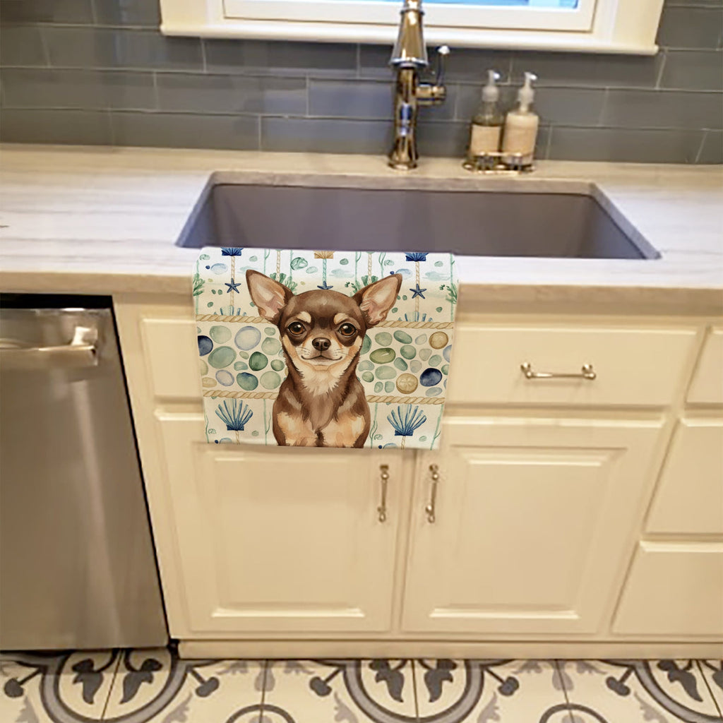Chocolate Chihuahua Coastal Sea Glass Kitchen Towel Velour Plush Front and Cotton Loop Back Machine Washable