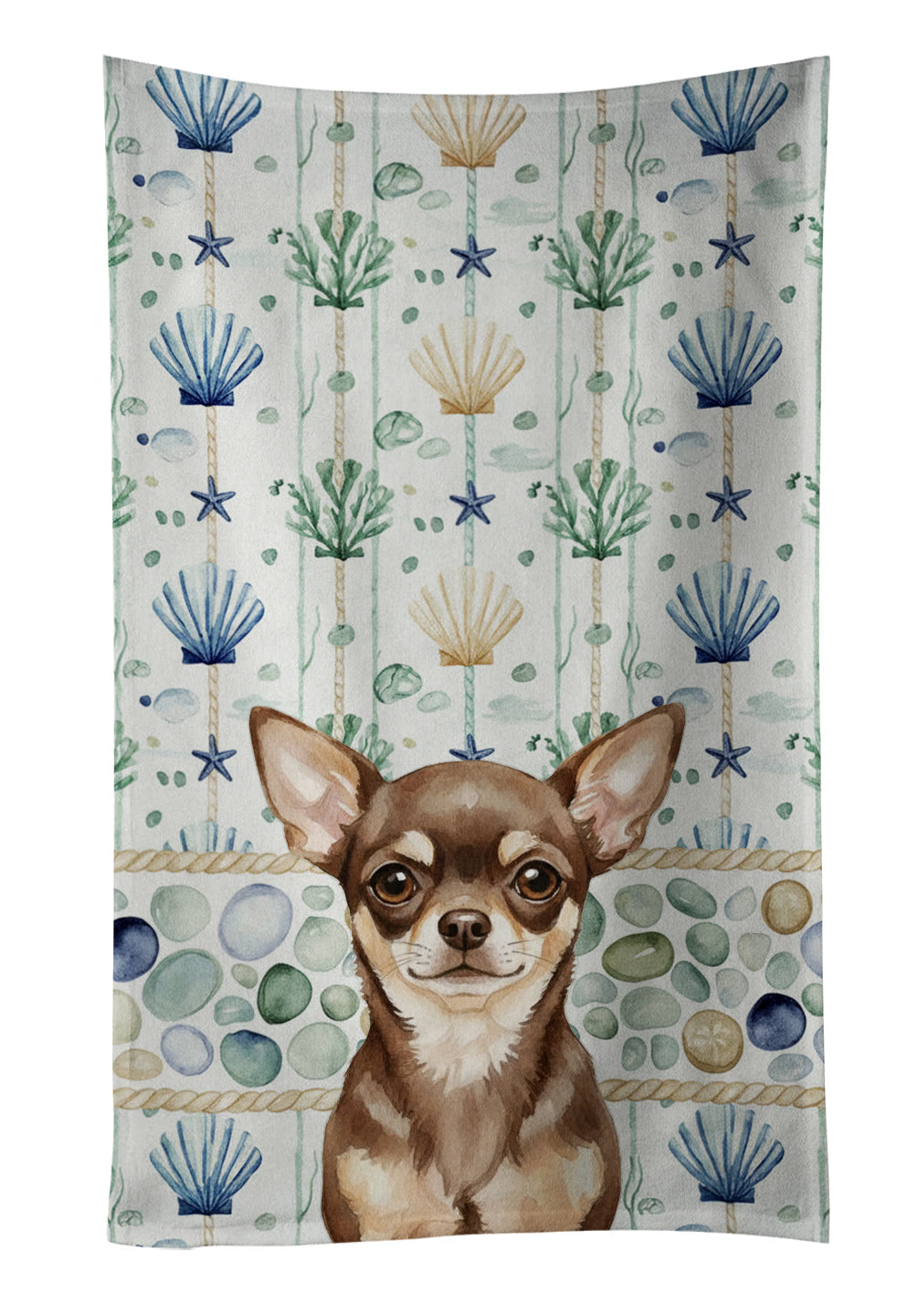 Chocolate Chihuahua Coastal Sea Glass Kitchen Towel Velour Plush Front and Cotton Loop Back Machine Washable