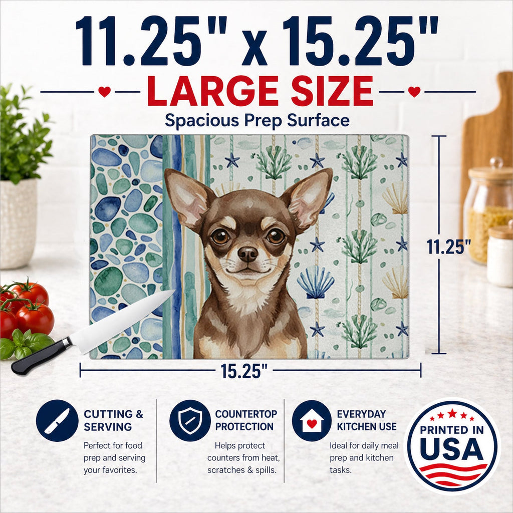 Chocolate Chihuahua Coastal Sea Glass Cutting Board Tempered Glass Kitchen Cutting Surface, Heat Resistant Chopping, Non-Slip Feet, Food Prep & Serving