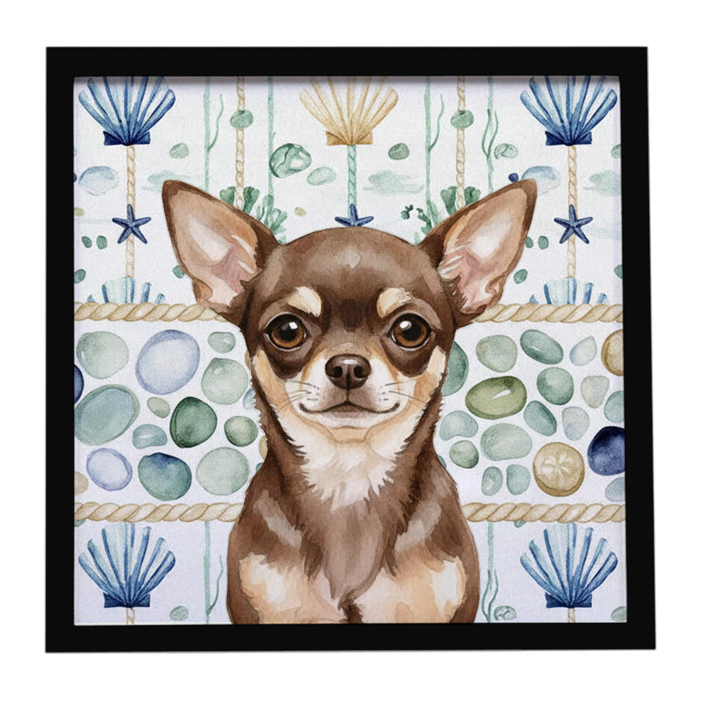 Chocolate Chihuahua Coastal Sea Glass Framed Metal Print Bathroom, Kitchen, Office, Home Decor Wall Art Ready to Hang, Square, 8X8