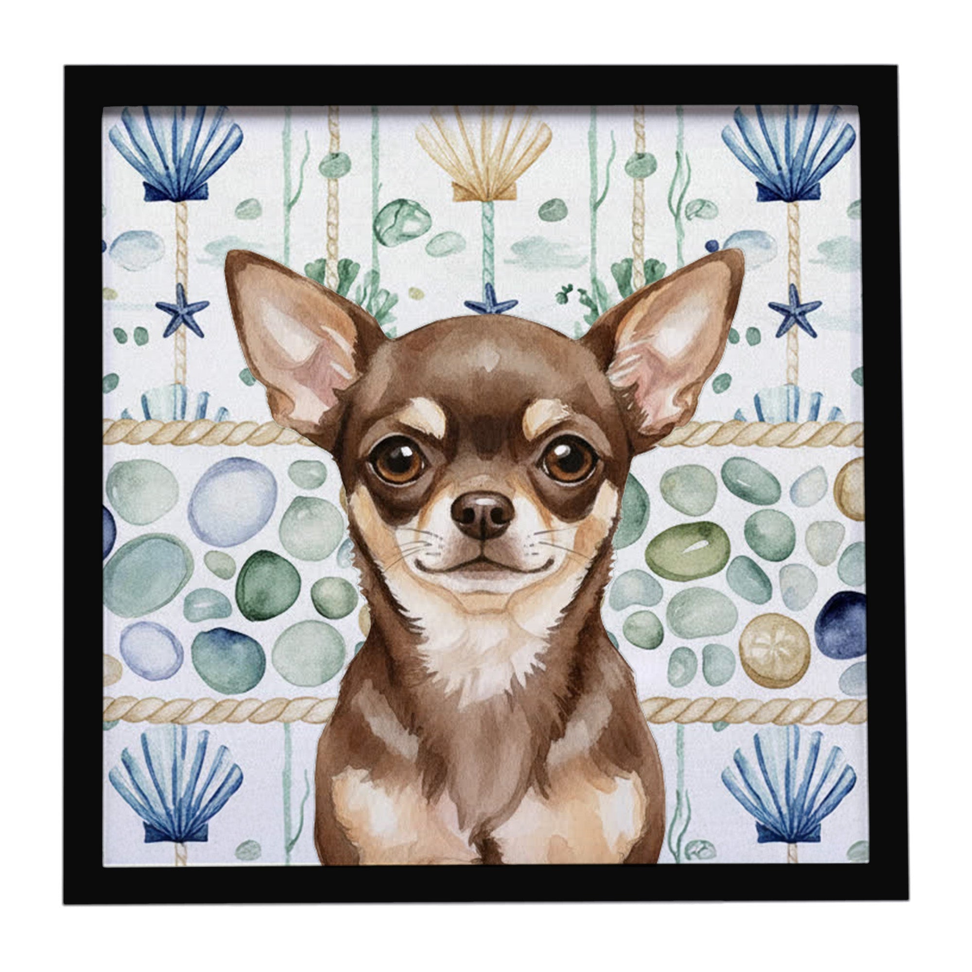 Chocolate Chihuahua Coastal Sea Glass Framed Metal Print Bathroom, Kitchen, Office, Home Decor Wall Art Ready to Hang, Square, 8X8
