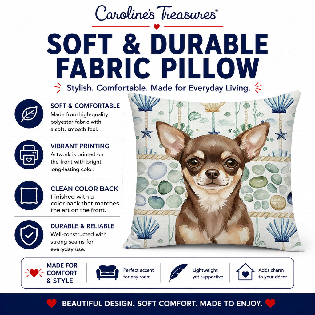Chocolate Chihuahua Coastal Sea Glass Decorative Throw Pillow 18x18 Indoor Outdoor Accent Cushion, Fabric Cover with Insert for Sofa, Bed, Porch & Living Room