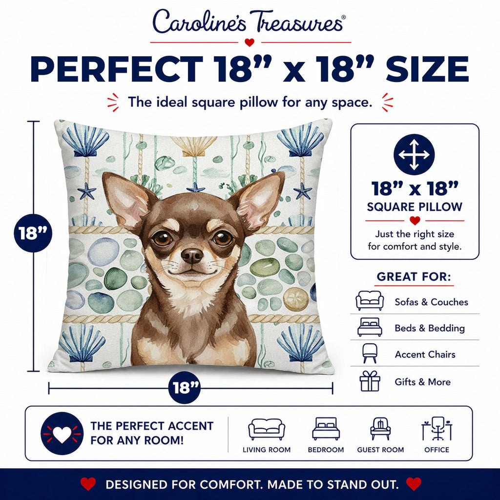 Chocolate Chihuahua Coastal Sea Glass Decorative Throw Pillow 18x18 Indoor Outdoor Accent Cushion, Fabric Cover with Insert for Sofa, Bed, Porch & Living Room