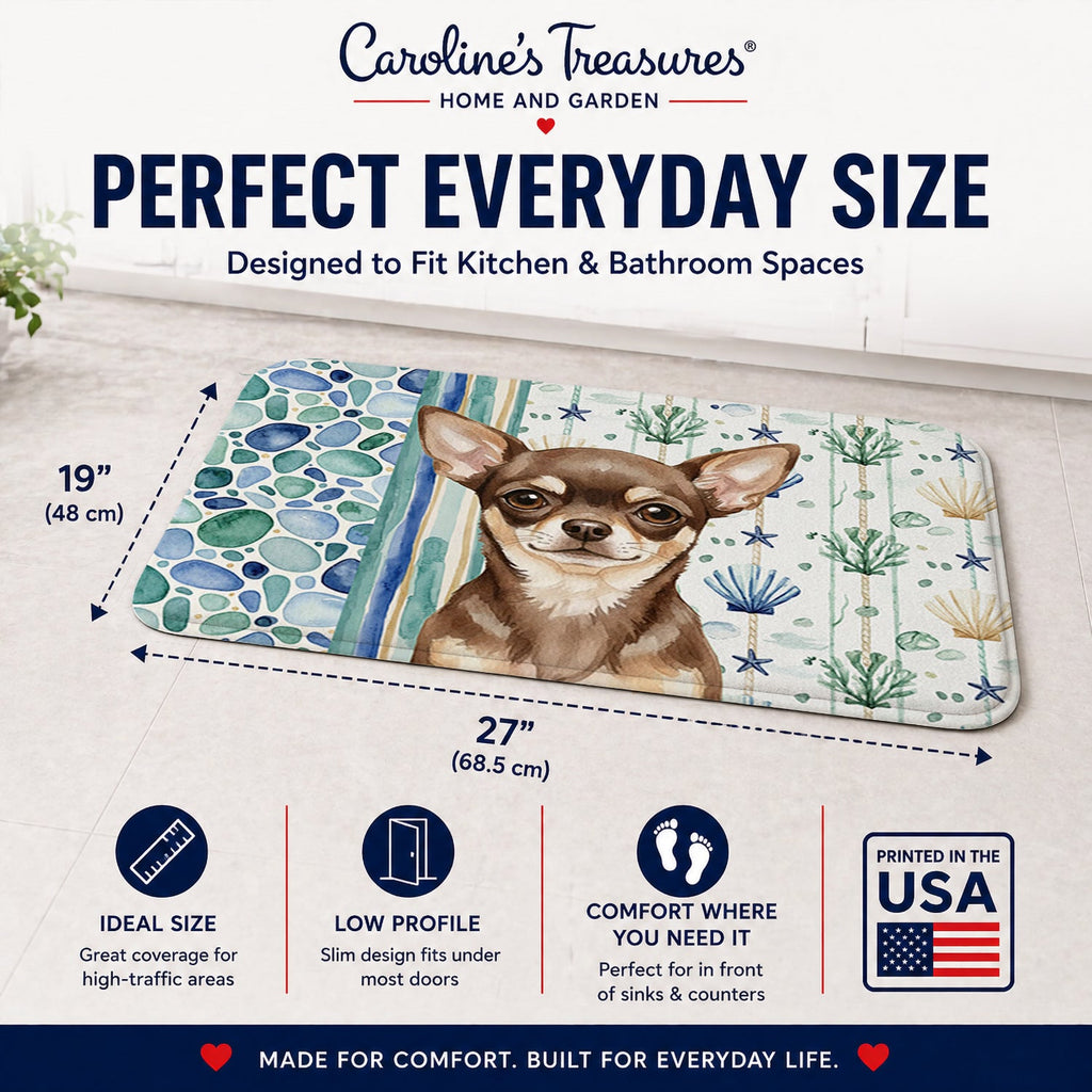 Chocolate Chihuahua Coastal Sea Glass Memory Foam Kitchen Mat Machine Washable Anti-Fatigue Cushion Comfort Bath or Kitchen Rug