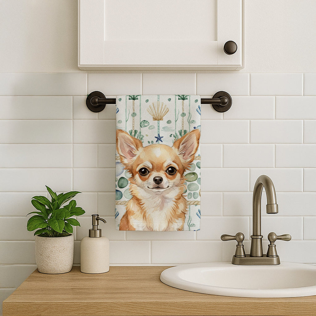 Fawn Chihuahua Coastal Sea Glass Kitchen Towel Velour Plush Front and Cotton Loop Back Machine Washable