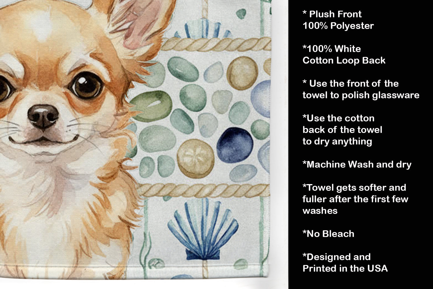 Fawn Chihuahua Coastal Sea Glass Kitchen Towel Velour Plush Front and Cotton Loop Back Machine Washable