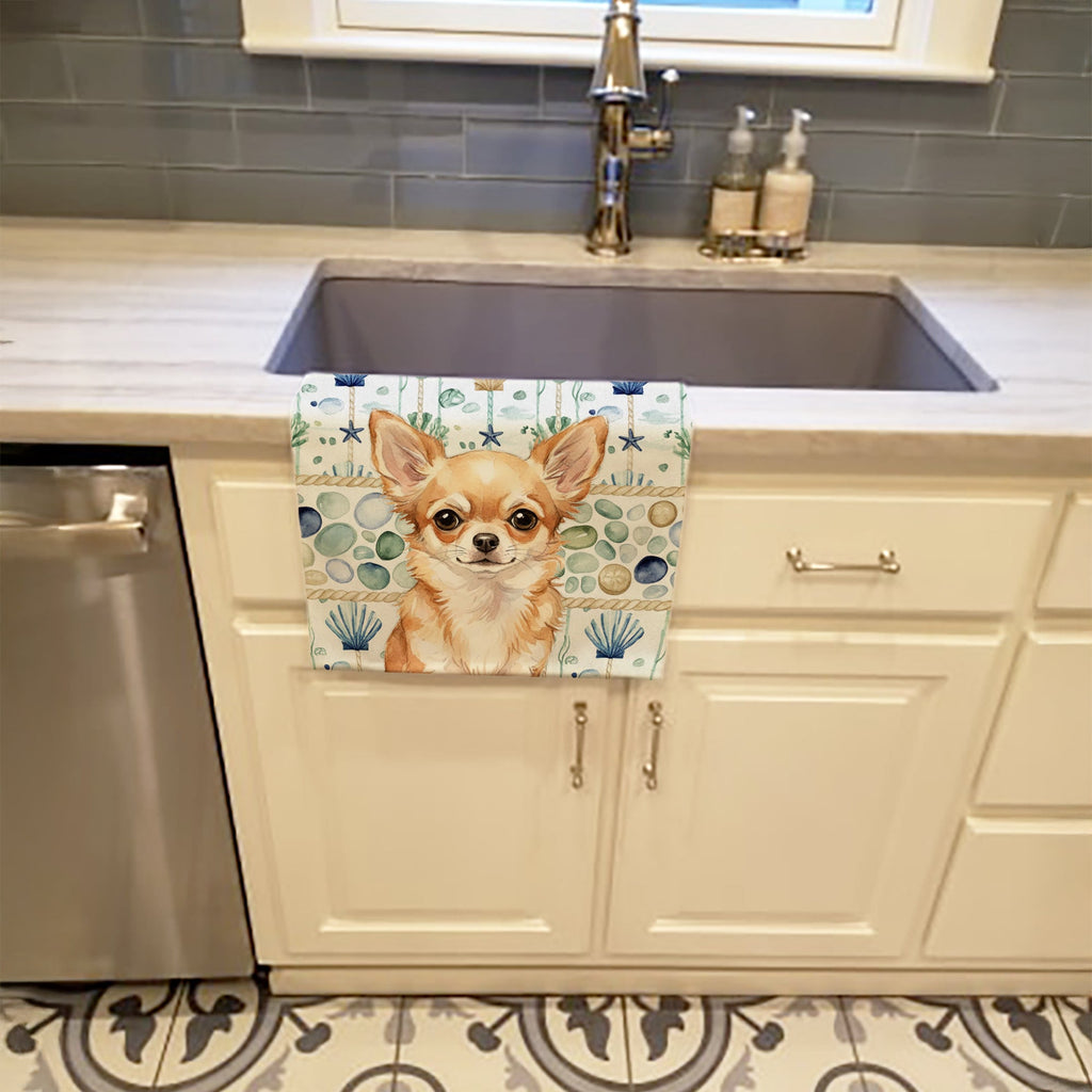 Fawn Chihuahua Coastal Sea Glass Kitchen Towel Velour Plush Front and Cotton Loop Back Machine Washable