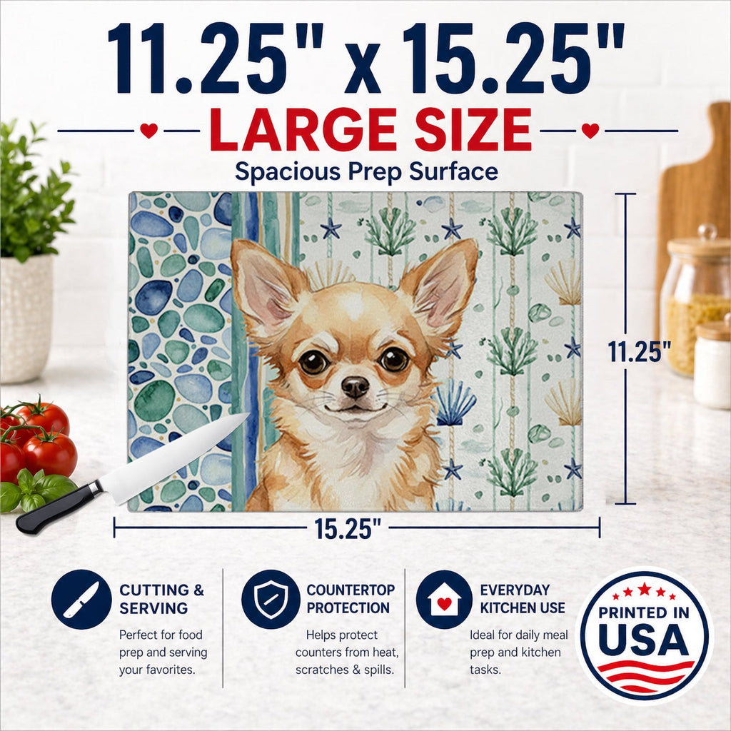Fawn Chihuahua Coastal Sea Glass Cutting Board Tempered Glass Kitchen Cutting Surface, Heat Resistant Chopping, Non-Slip Feet, Food Prep & Serving