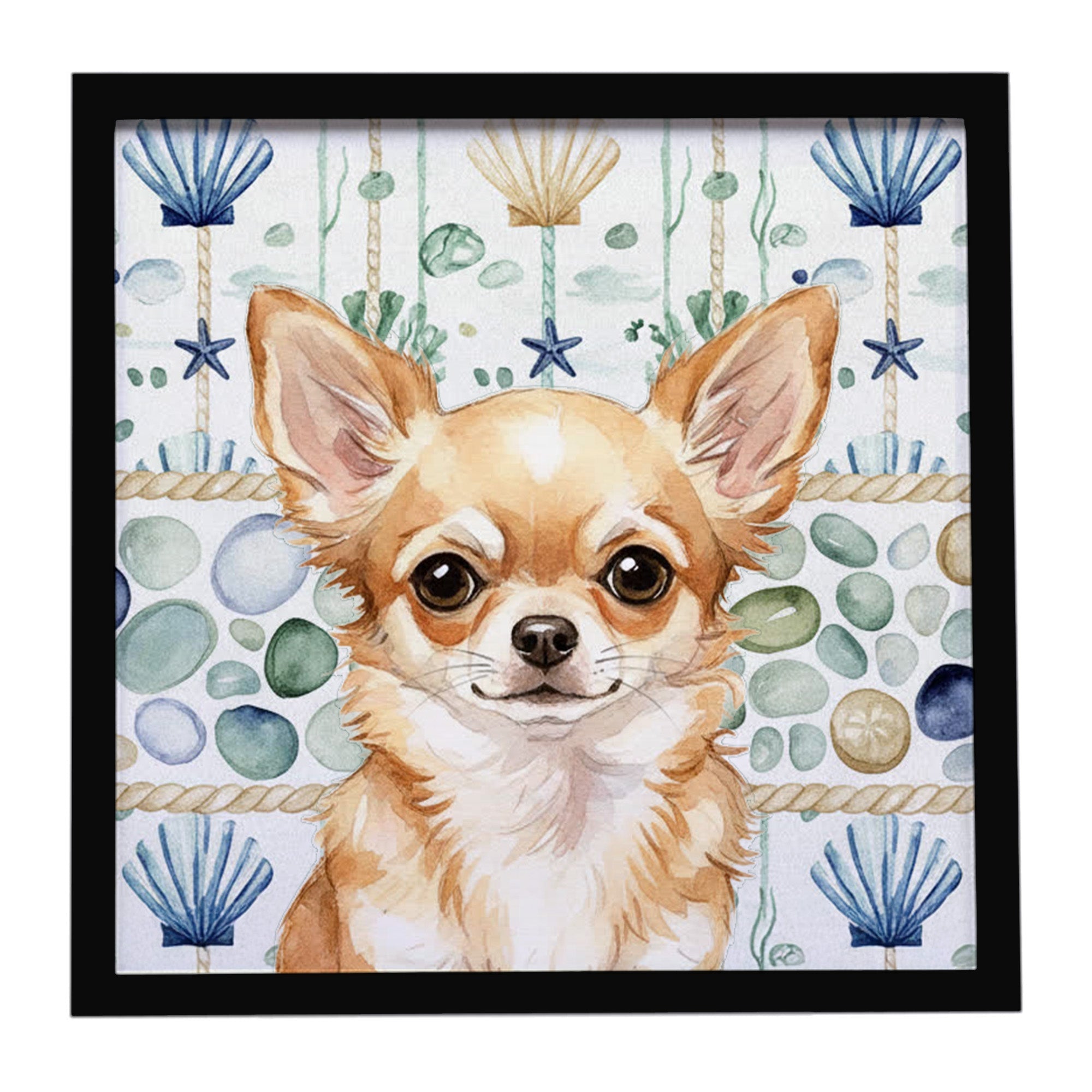 Fawn Chihuahua Coastal Sea Glass Framed Metal Print Bathroom, Kitchen, Office, Home Decor Wall Art Ready to Hang, Square, 8X8