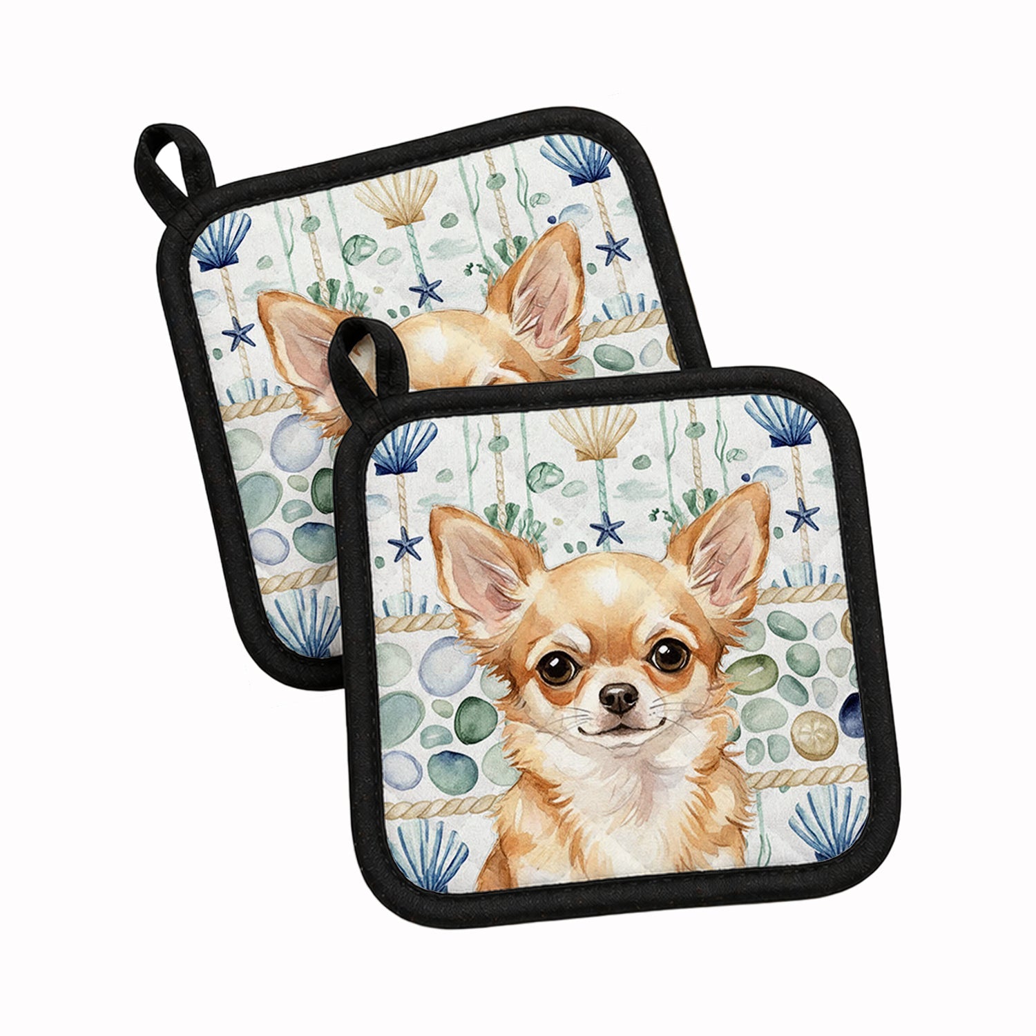 Fawn Chihuahua Coastal Sea Glass Pot Holder Set of 2 Heat Resistant Quilted Hot Pads 7.5 x 7.5 Inch, Insulated Kitchen Trivets for Cooking & Baking