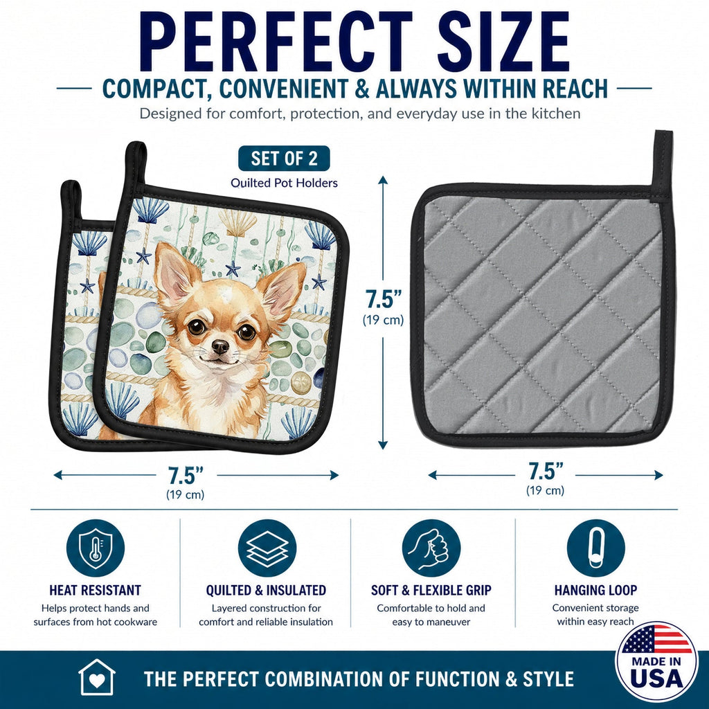 Fawn Chihuahua Coastal Sea Glass Pot Holder Set of 2 Heat Resistant Quilted Hot Pads 7.5 x 7.5 Inch, Insulated Kitchen Trivets for Cooking & Baking