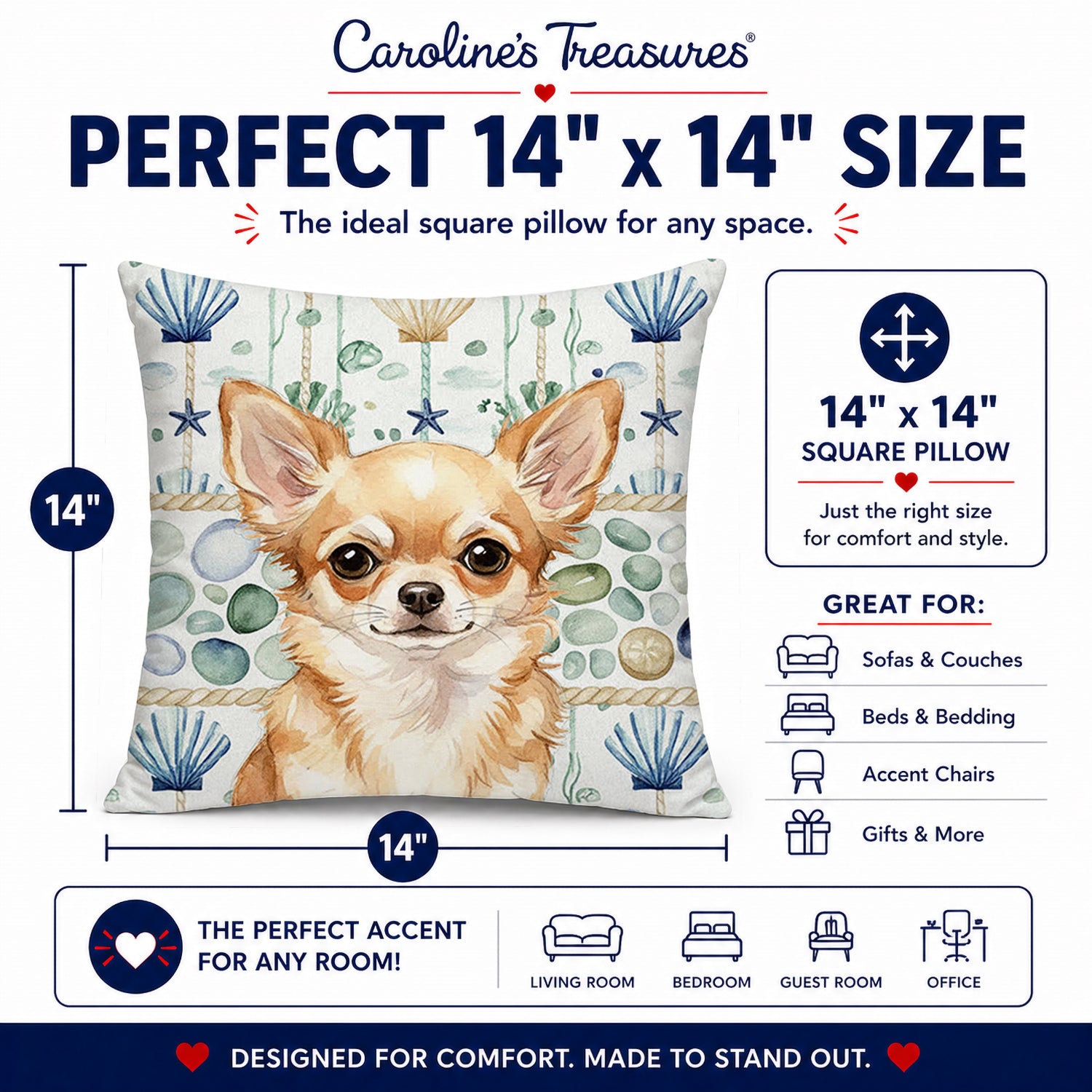Fawn Chihuahua Coastal Sea Glass Decorative Throw Pillow 14x14 Indoor Outdoor Accent Cushion, Fabric Cover with Insert for Sofa, Bed, Porch & Living Room