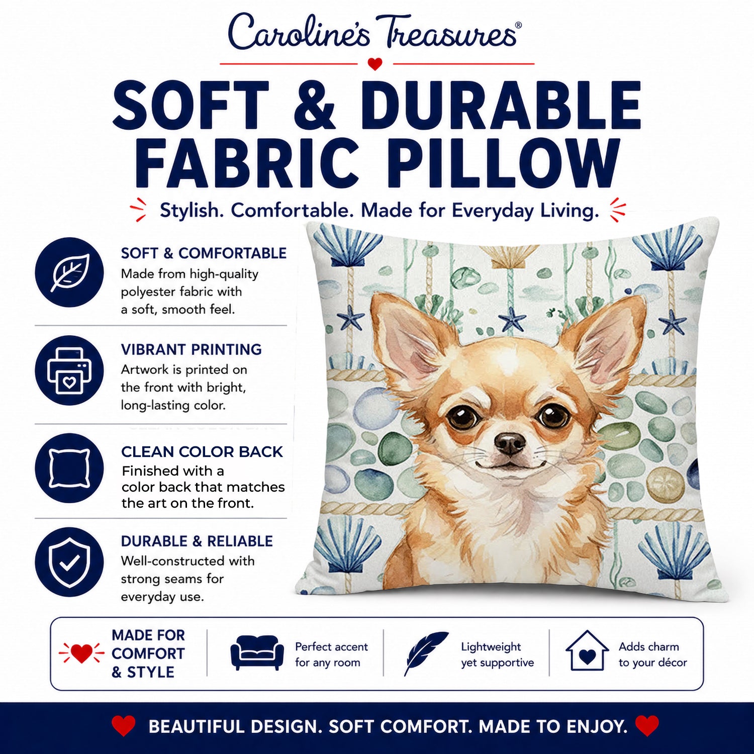 Fawn Chihuahua Coastal Sea Glass Decorative Throw Pillow 18x18 Indoor Outdoor Accent Cushion, Fabric Cover with Insert for Sofa, Bed, Porch & Living Room