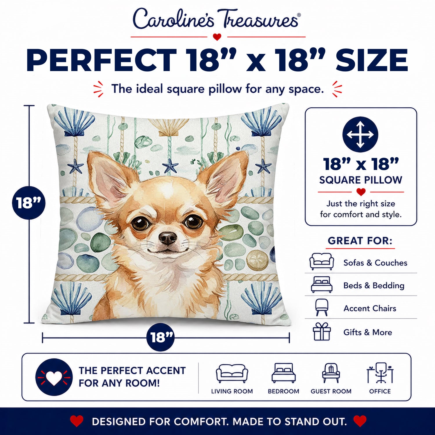 Fawn Chihuahua Coastal Sea Glass Decorative Throw Pillow 18x18 Indoor Outdoor Accent Cushion, Fabric Cover with Insert for Sofa, Bed, Porch & Living Room