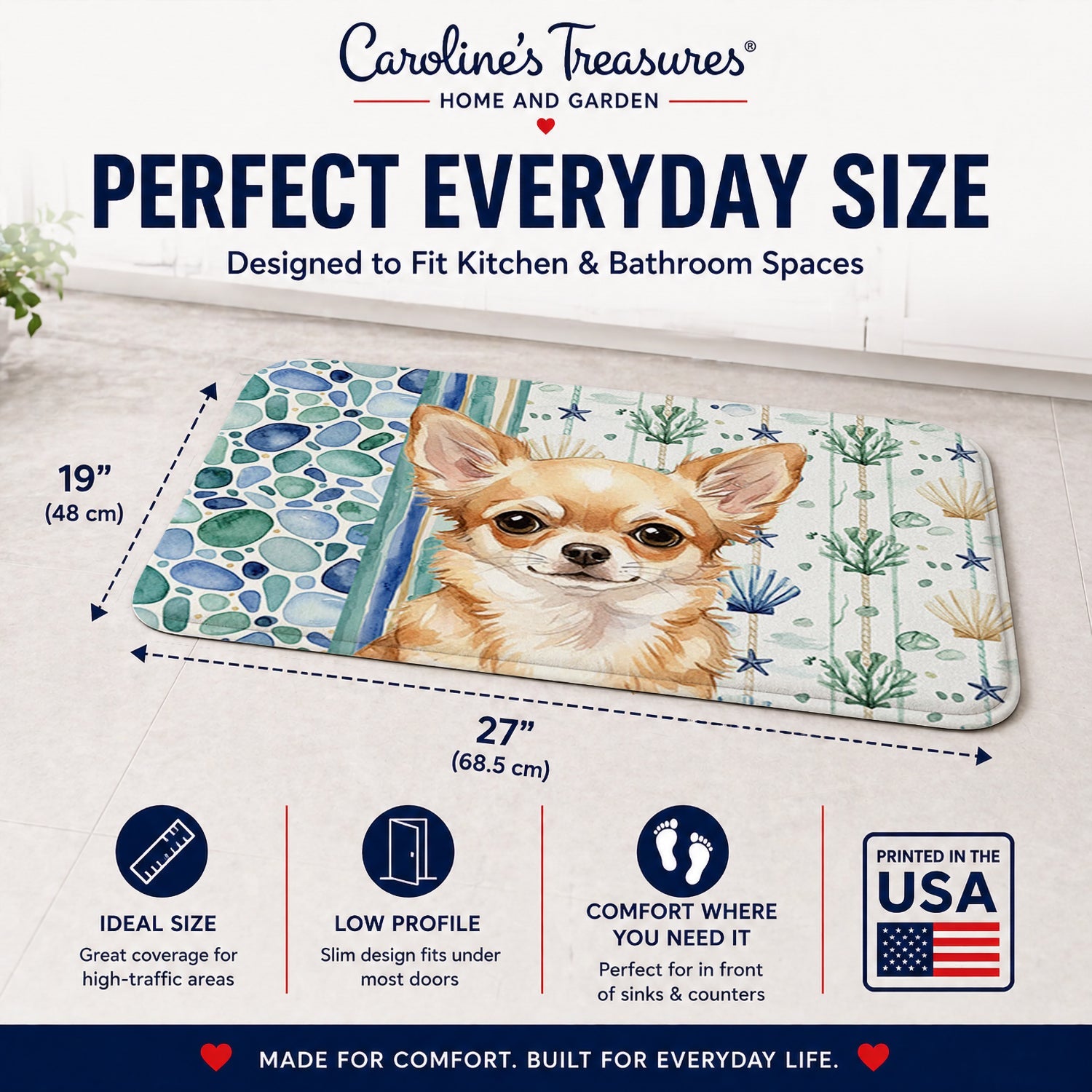 Fawn Chihuahua Coastal Sea Glass Memory Foam Kitchen Mat Machine Washable Anti-Fatigue Cushion Comfort Bath or Kitchen Rug