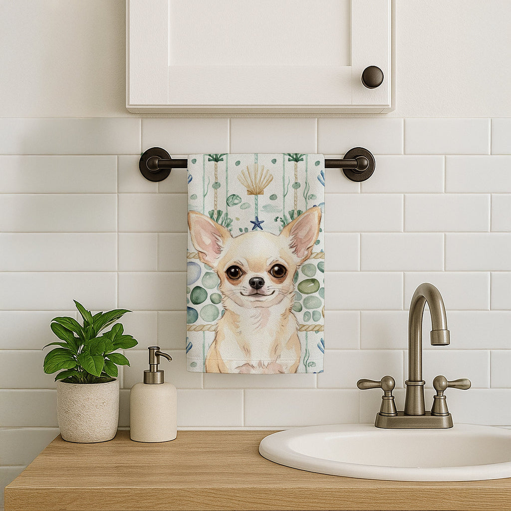 Cream Chihuahua Coastal Sea Glass Kitchen Towel Velour Plush Front and Cotton Loop Back Machine Washable