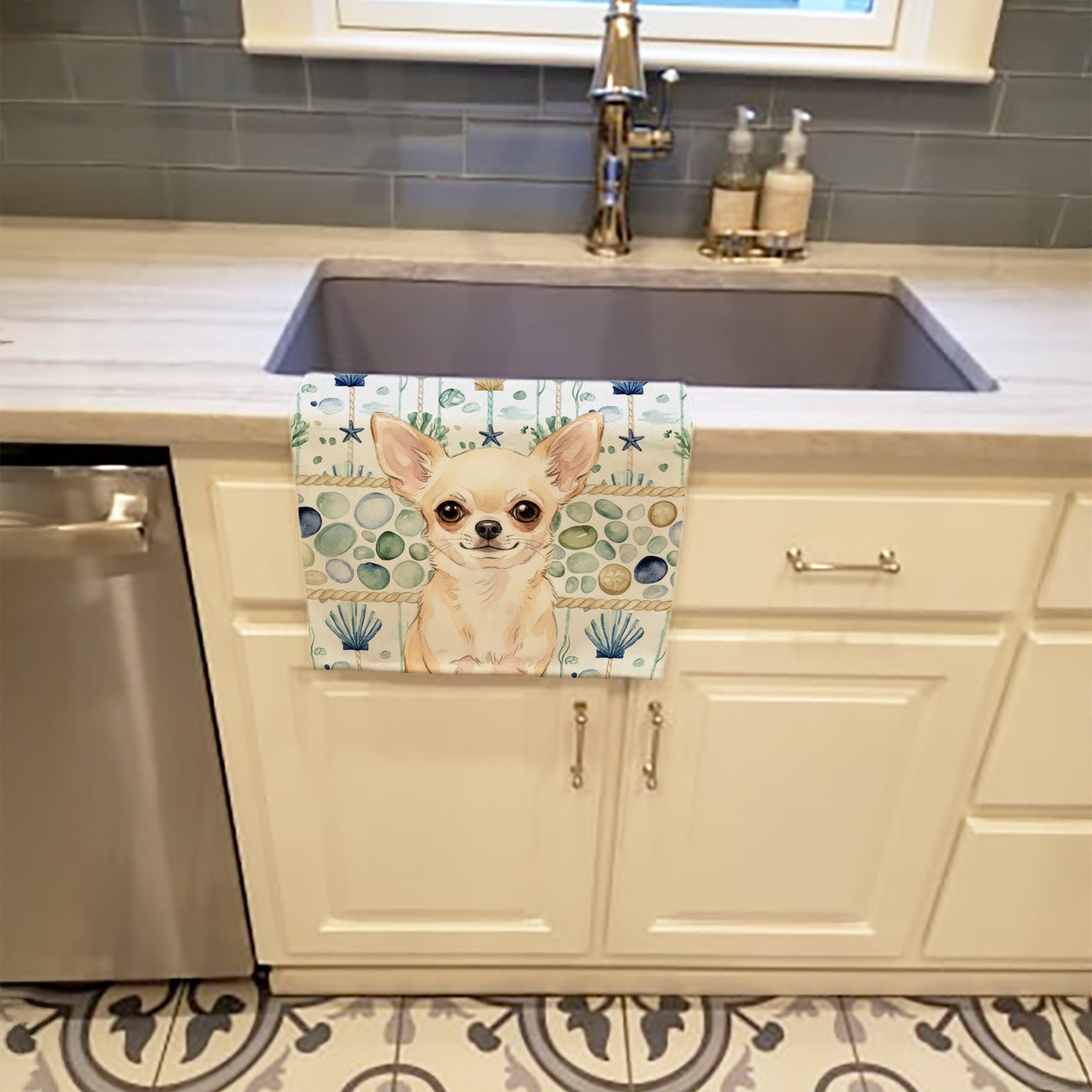 Cream Chihuahua Coastal Sea Glass Kitchen Towel Velour Plush Front and Cotton Loop Back Machine Washable
