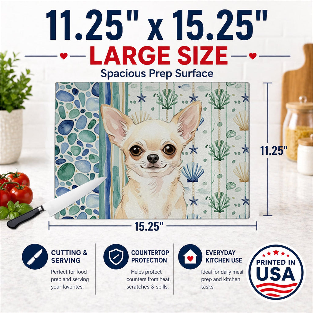Cream Chihuahua Coastal Sea Glass Cutting Board Tempered Glass Kitchen Cutting Surface, Heat Resistant Chopping, Non-Slip Feet, Food Prep & Serving