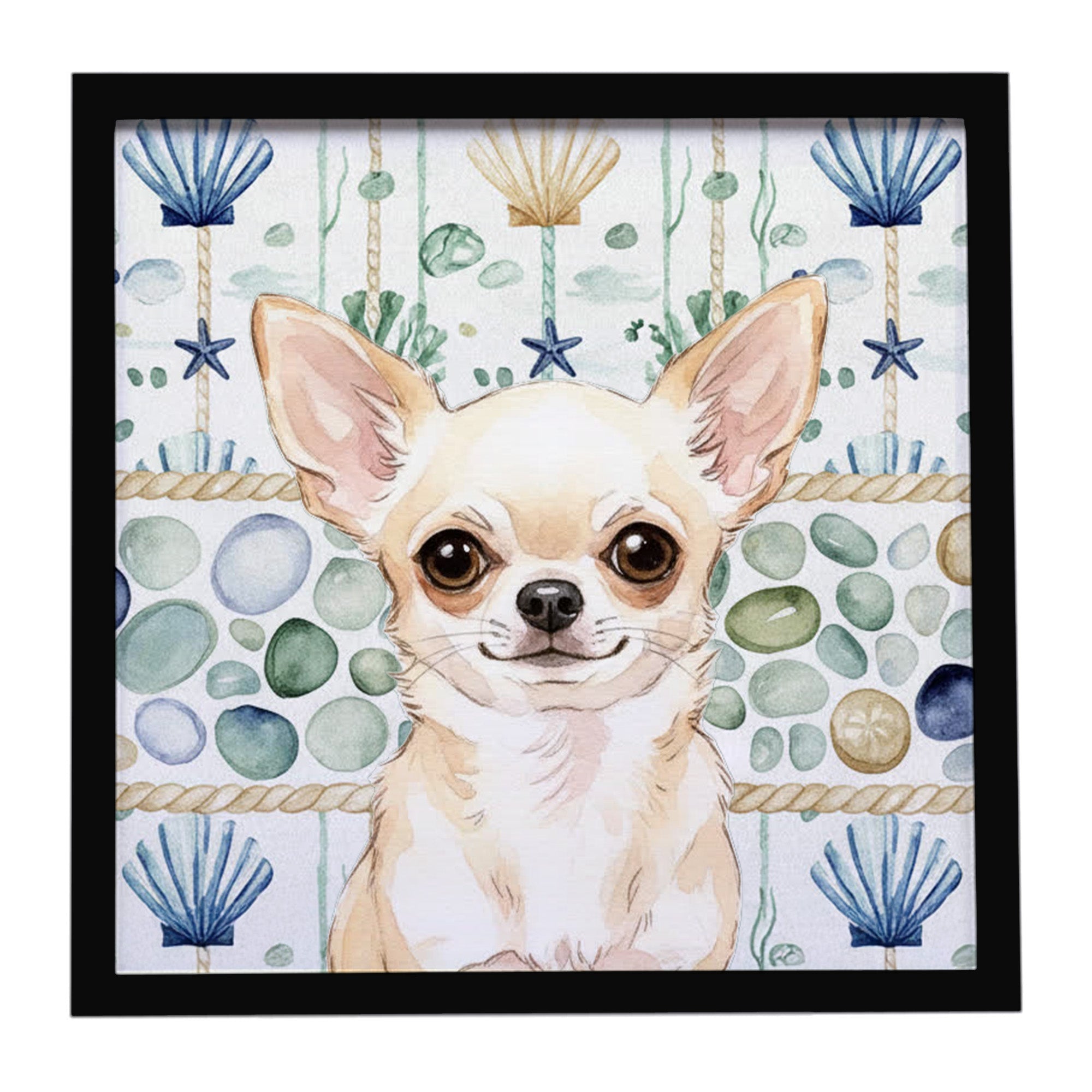 Cream Chihuahua Coastal Sea Glass Framed Metal Print Bathroom, Kitchen, Office, Home Decor Wall Art Ready to Hang, Square, 8X8