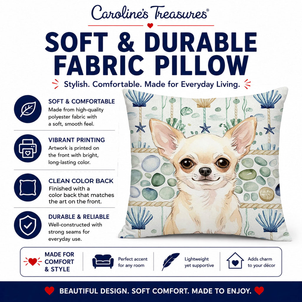 Cream Chihuahua Coastal Sea Glass Decorative Throw Pillow 14x14 Indoor Outdoor Accent Cushion, Fabric Cover with Insert for Sofa, Bed, Porch & Living Room