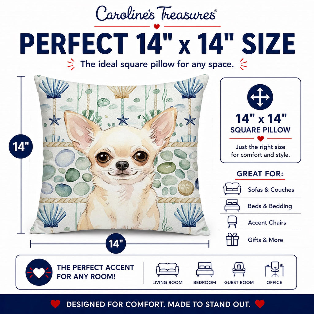 Cream Chihuahua Coastal Sea Glass Decorative Throw Pillow 14x14 Indoor Outdoor Accent Cushion, Fabric Cover with Insert for Sofa, Bed, Porch & Living Room