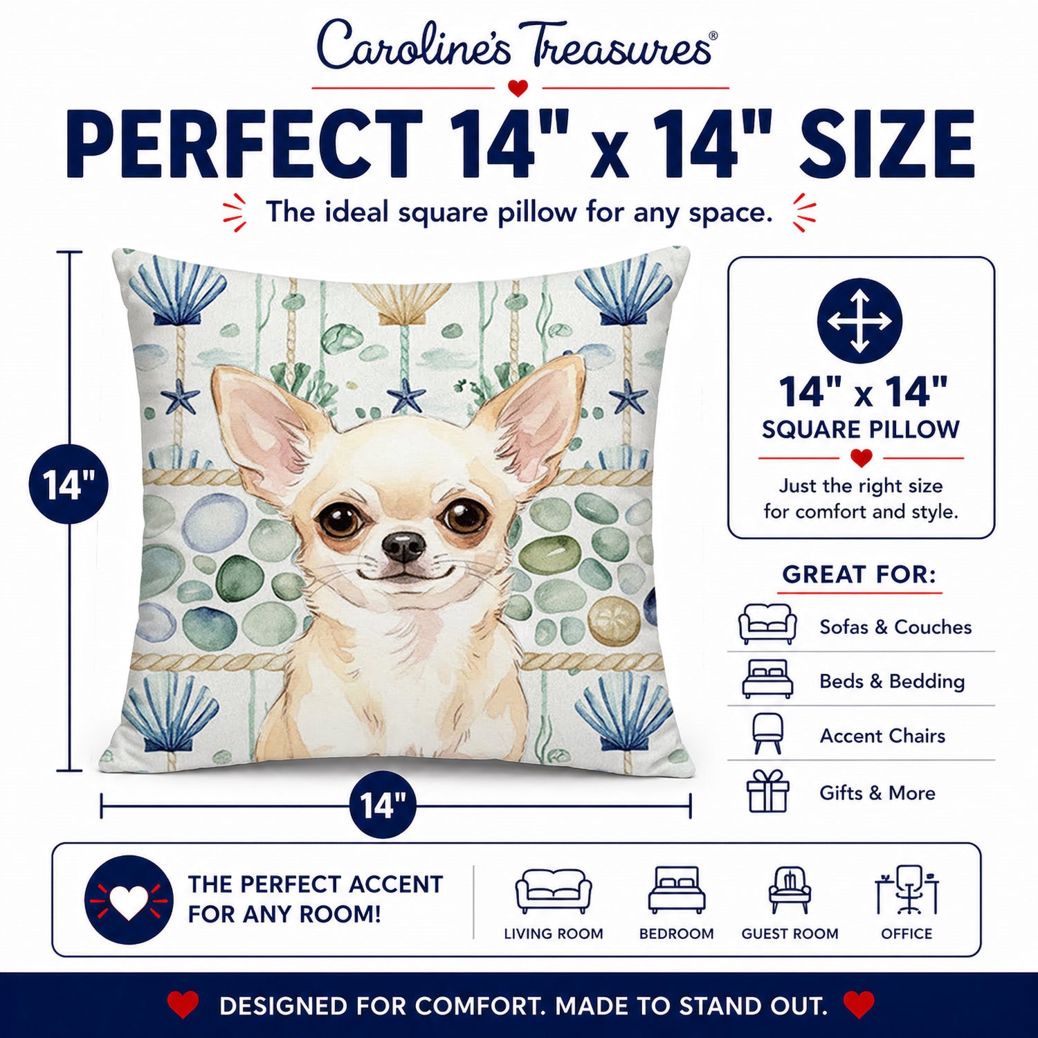 Cream Chihuahua Coastal Sea Glass Decorative Throw Pillow 14x14 Indoor Outdoor Accent Cushion, Fabric Cover with Insert for Sofa, Bed, Porch & Living Room