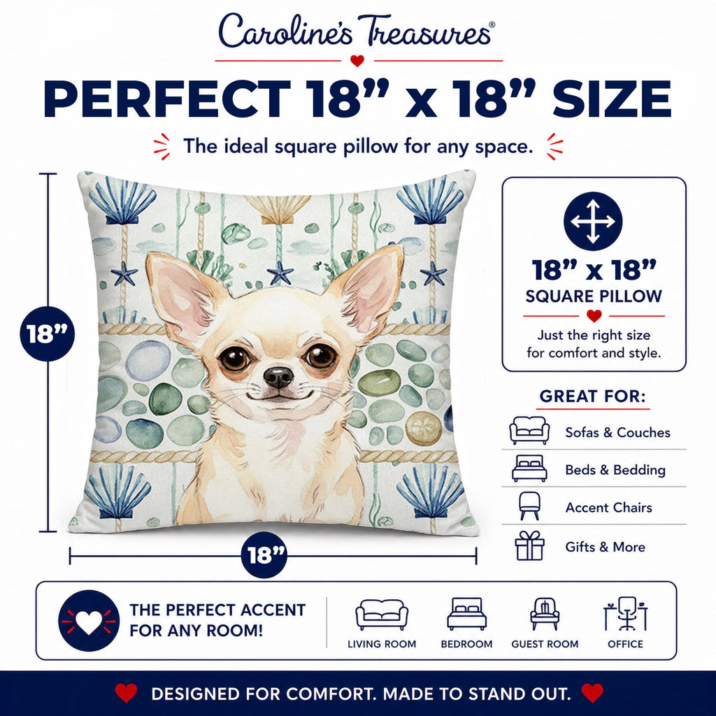 Cream Chihuahua Coastal Sea Glass Decorative Throw Pillow 18x18 Indoor Outdoor Accent Cushion, Fabric Cover with Insert for Sofa, Bed, Porch & Living Room