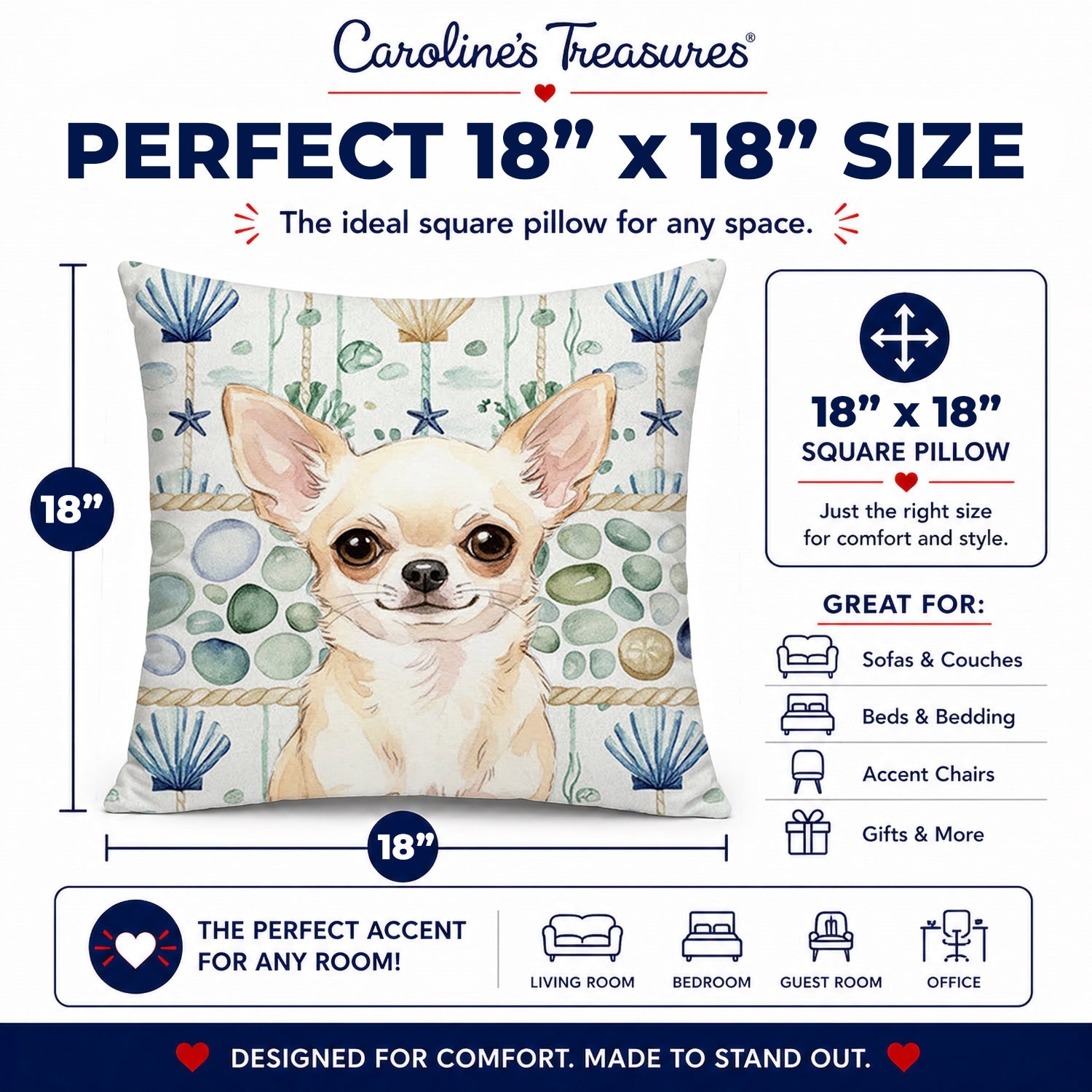 Cream Chihuahua Coastal Sea Glass Decorative Throw Pillow 18x18 Indoor Outdoor Accent Cushion, Fabric Cover with Insert for Sofa, Bed, Porch & Living Room