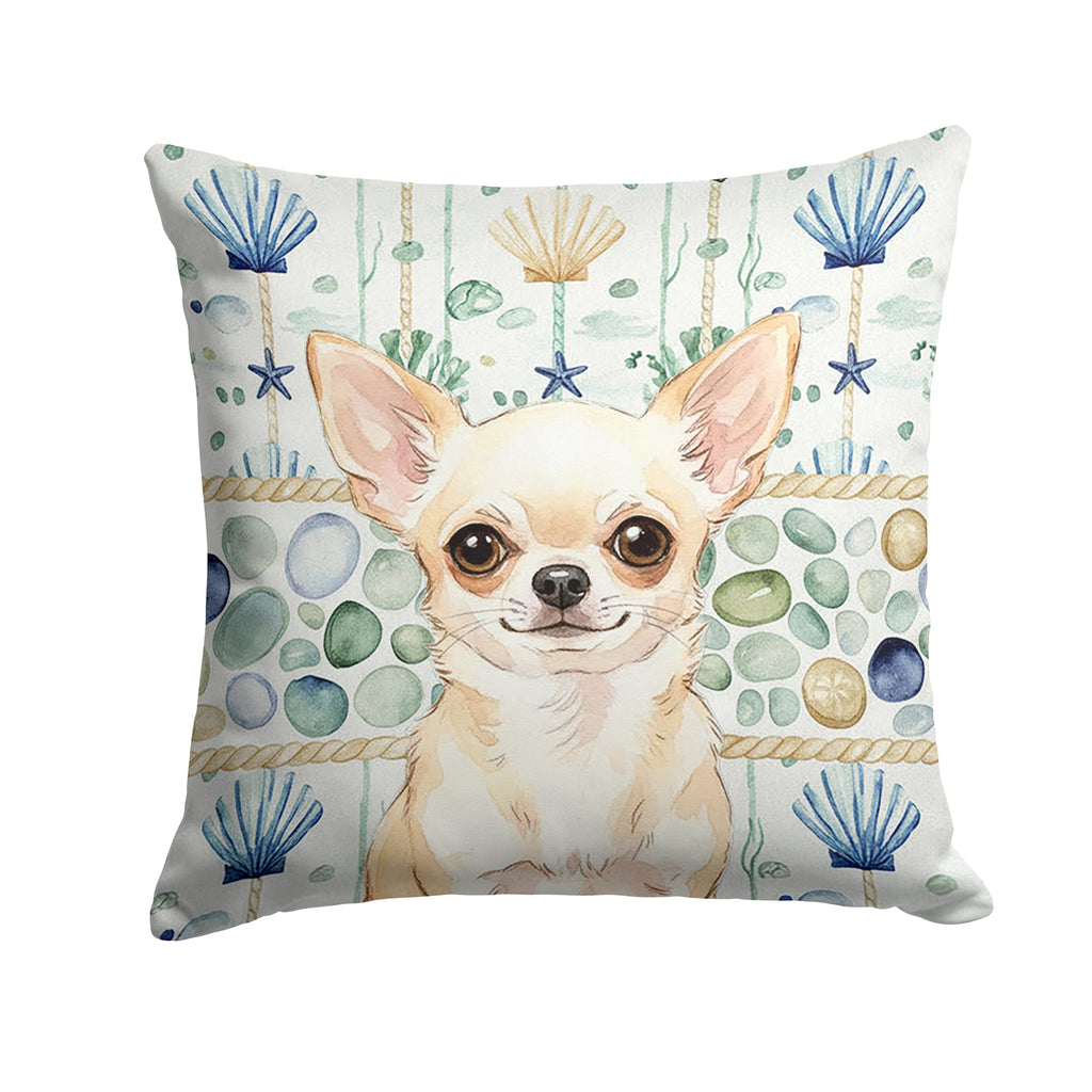 Cream Chihuahua Coastal Sea Glass Decorative Throw Pillow 18x18 Indoor Outdoor Accent Cushion, Fabric Cover with Insert for Sofa, Bed, Porch & Living Room
