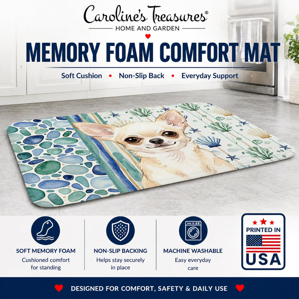 Cream Chihuahua Coastal Sea Glass Memory Foam Kitchen Mat Machine Washable Anti-Fatigue Cushion Comfort Bath or Kitchen Rug