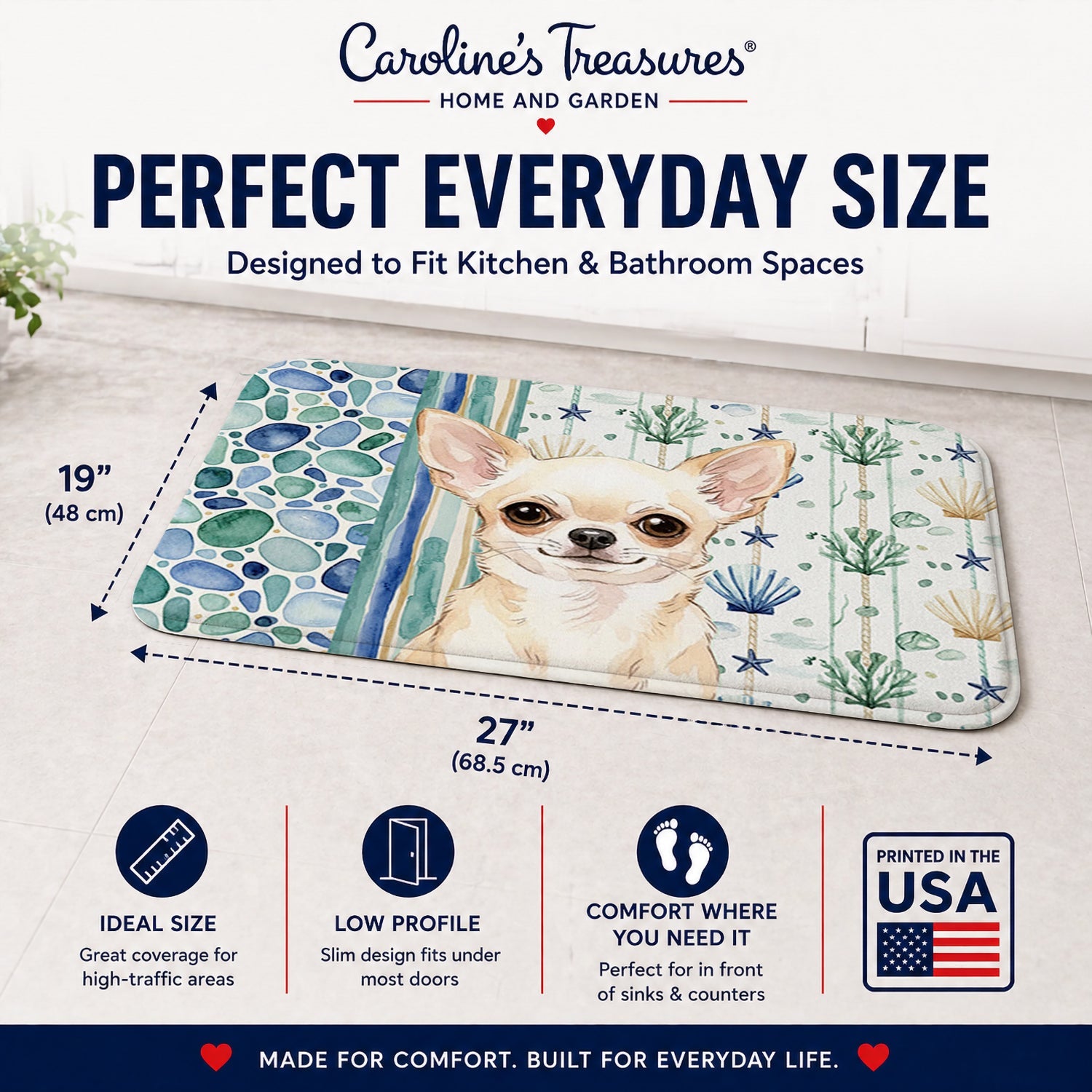 Cream Chihuahua Coastal Sea Glass Memory Foam Kitchen Mat Machine Washable Anti-Fatigue Cushion Comfort Bath or Kitchen Rug