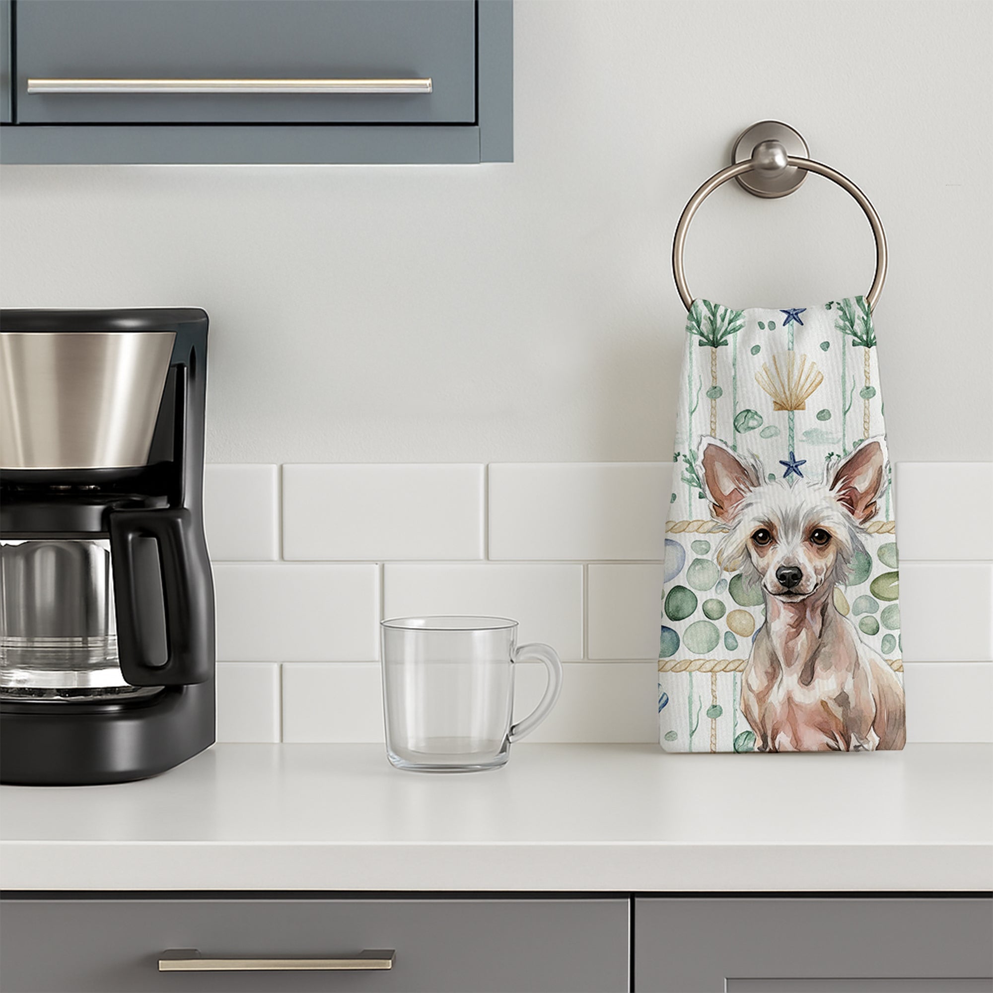 Hairless Chinese Crested Coastal Sea Glass Kitchen Towel Velour Plush Front and Cotton Loop Back Machine Washable