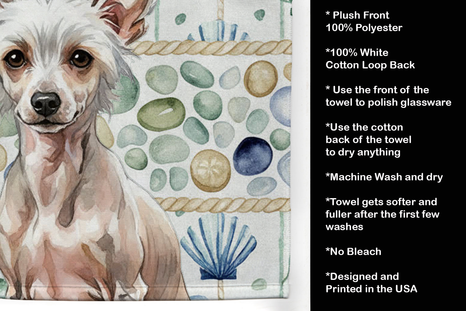 Hairless Chinese Crested Coastal Sea Glass Kitchen Towel Velour Plush Front and Cotton Loop Back Machine Washable